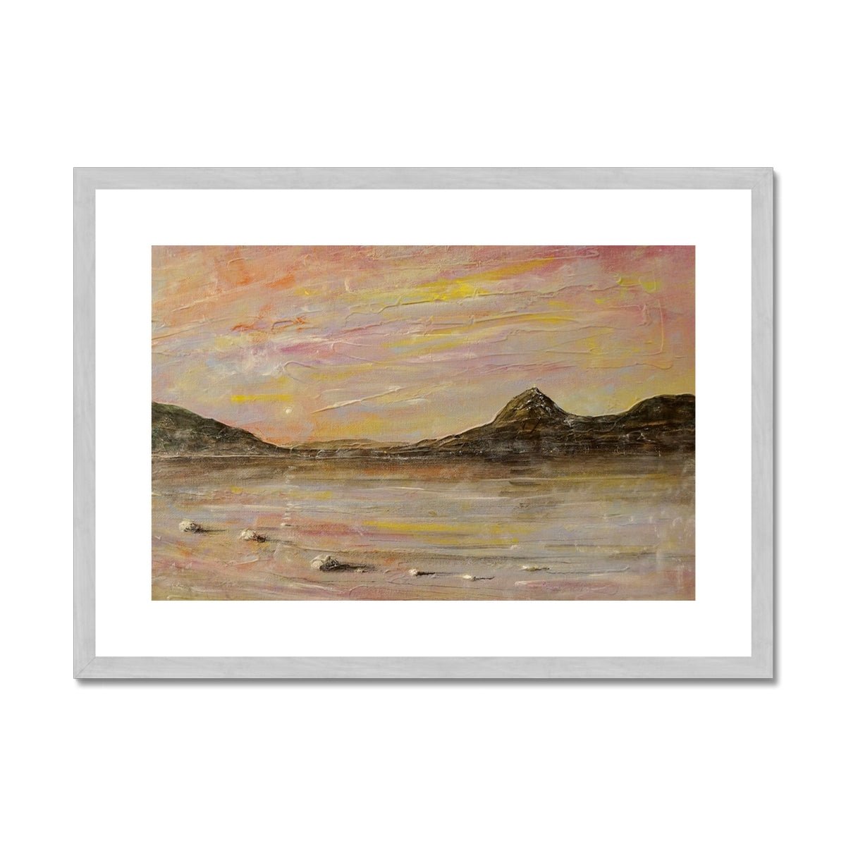 Loch Rannoch Dawn Painting | Antique Framed & Mounted Prints From Scotland-Antique Framed & Mounted Prints-Scottish Lochs & Mountains Art Gallery-A2 Landscape-Silver Frame-Paintings, Prints, Homeware, Art Gifts From Scotland By Scottish Artist Kevin Hunter