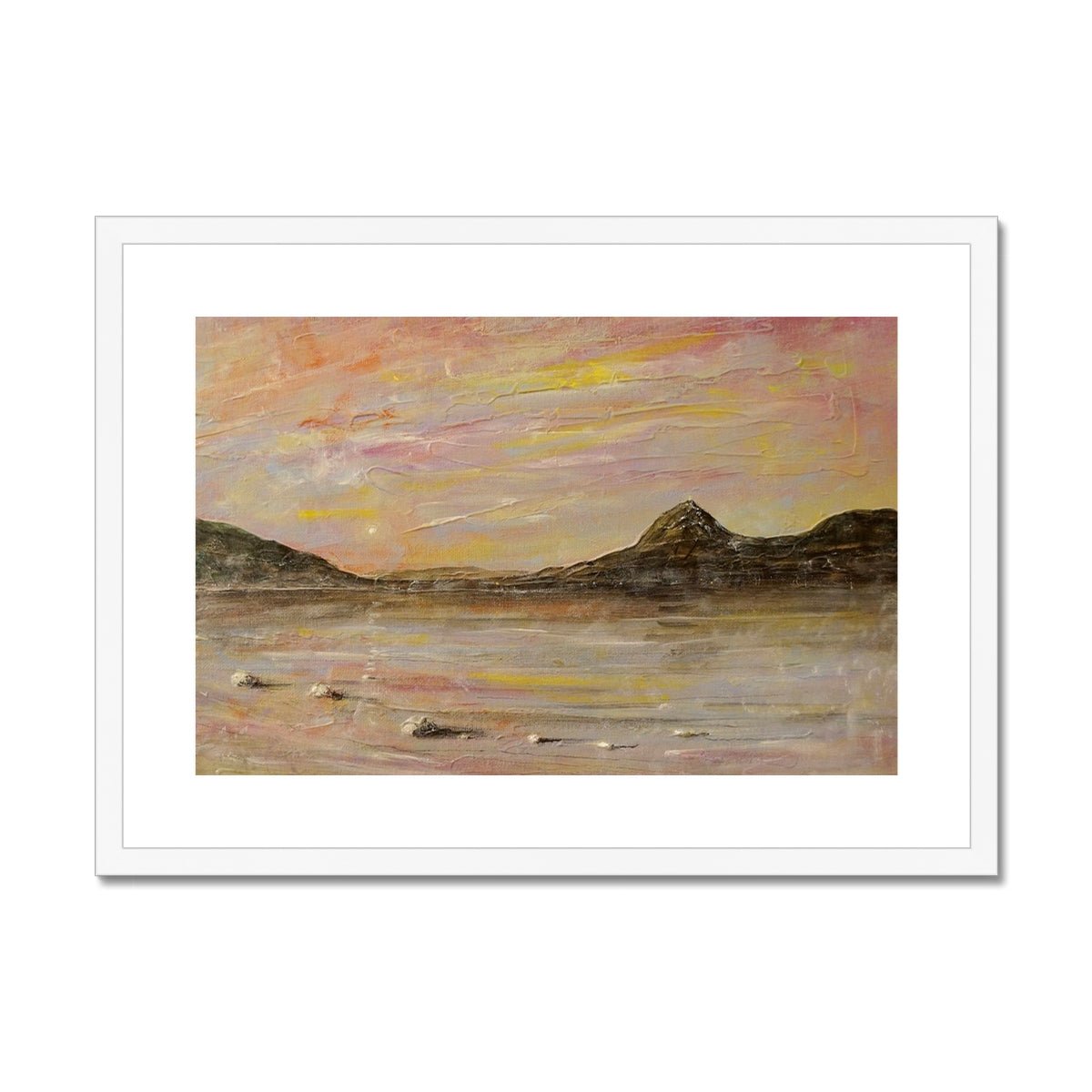 Loch Rannoch Dawn Painting | Framed & Mounted Prints From Scotland-Framed & Mounted Prints-Scottish Lochs & Mountains Art Gallery-A2 Landscape-White Frame-Paintings, Prints, Homeware, Art Gifts From Scotland By Scottish Artist Kevin Hunter
