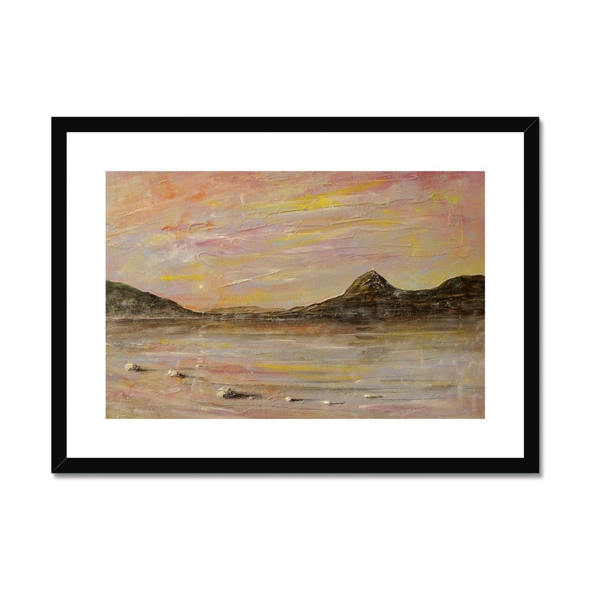 Loch Rannoch Dawn Painting | Framed & Mounted Prints From Scotland-Framed & Mounted Prints-Scottish Lochs & Mountains Art Gallery-A2 Landscape-Black Frame-Paintings, Prints, Homeware, Art Gifts From Scotland By Scottish Artist Kevin Hunter