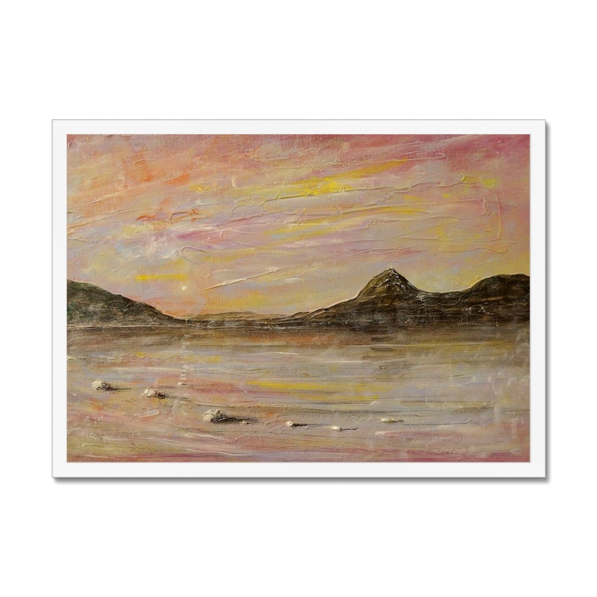 Loch Rannoch Dawn Painting | Framed Prints From Scotland-Framed Prints-Scottish Lochs & Mountains Art Gallery-A2 Landscape-White Frame-Paintings, Prints, Homeware, Art Gifts From Scotland By Scottish Artist Kevin Hunter