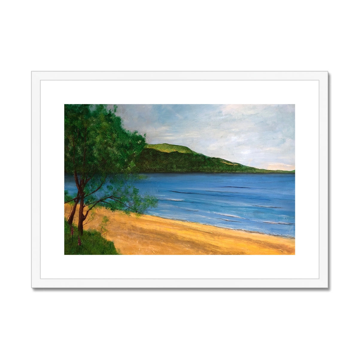 Beach scene painting with sandy shore blue water green trees and hill for Loch Rannoch print