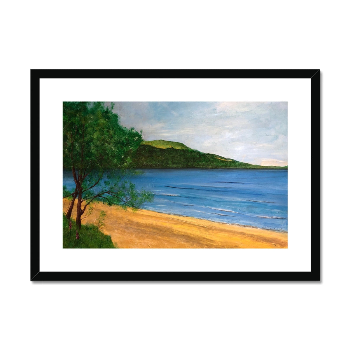 Loch Rannoch framed and mounted print of a beach scene with sandy shore and calm blue water