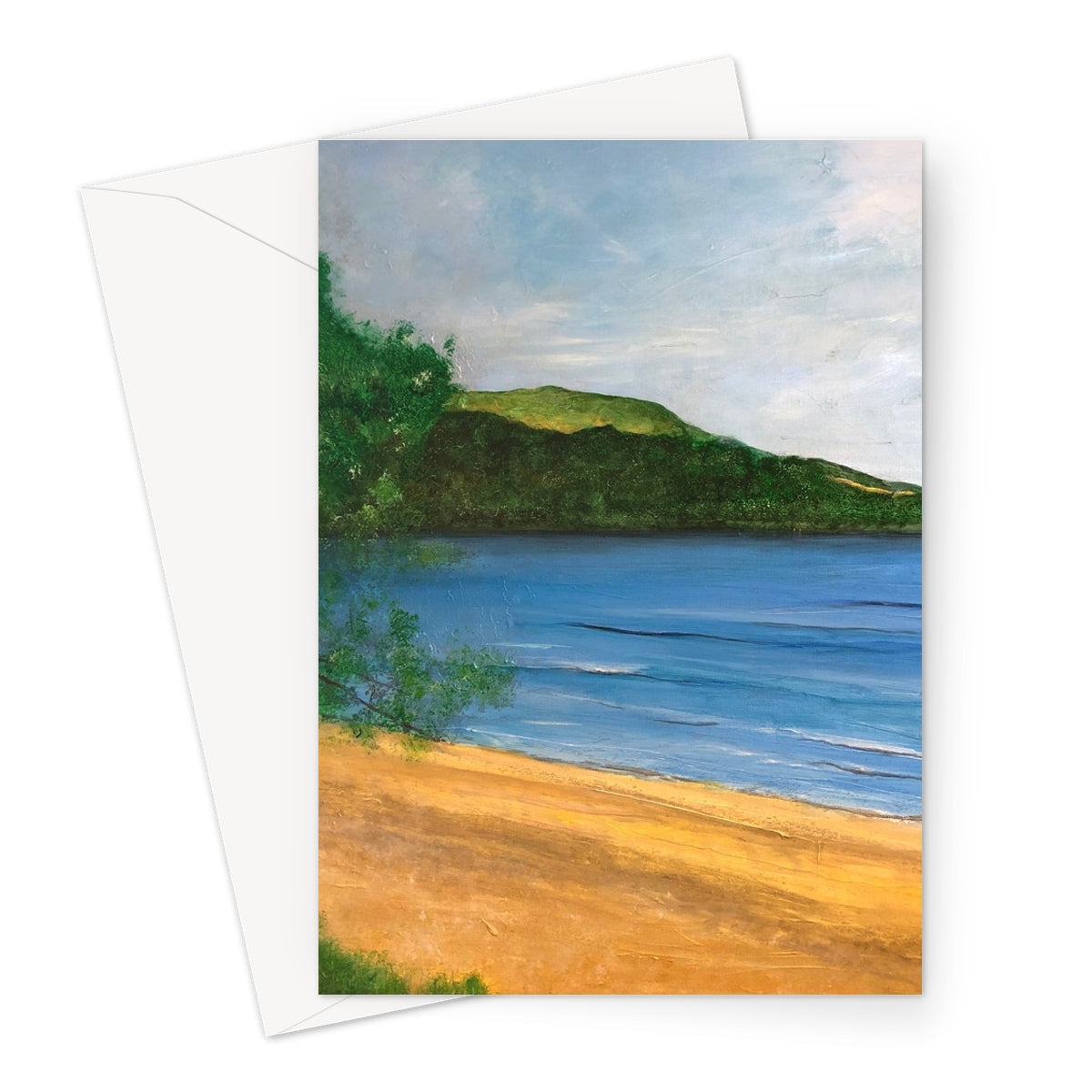 Loch Rannoch Greeting Card featuring a beach scene with sandy shore, blue water, and green hill