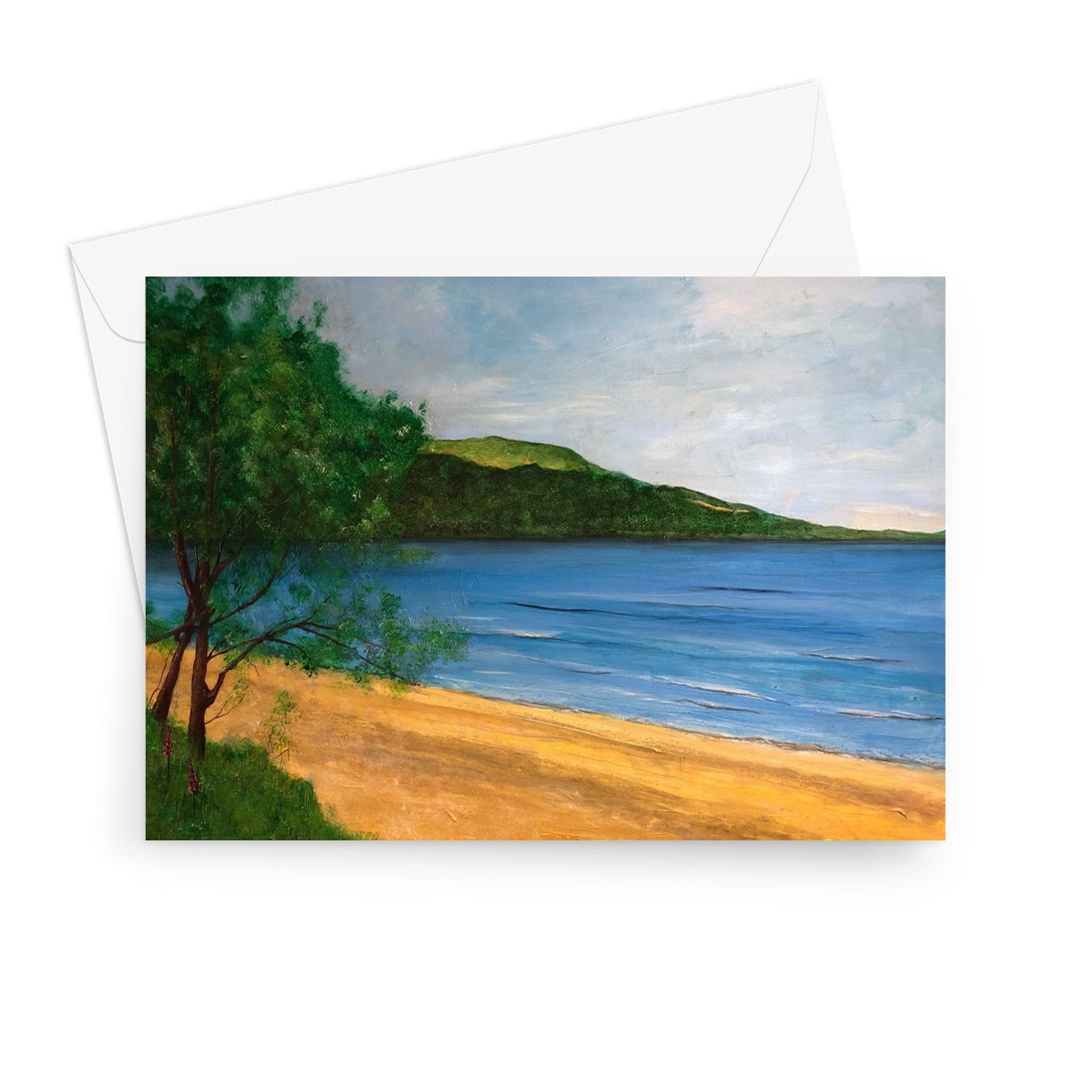 Loch Rannoch Greeting Card featuring a beach scene with blue water, green hill, and a tree