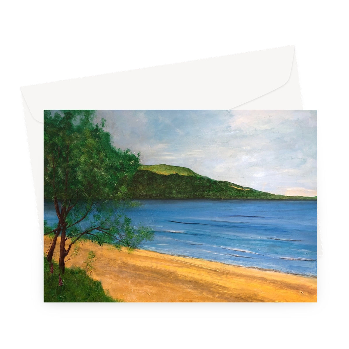 Loch Rannoch Greeting Card featuring a beach scene with sandy shore, green tree, blue water, and distant hill