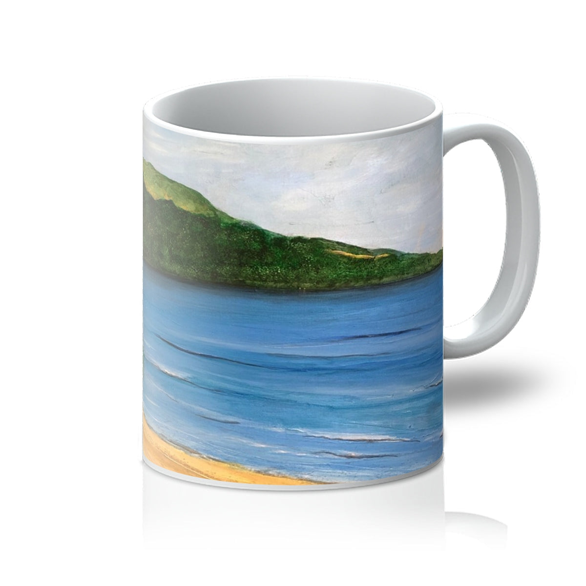 Ceramic Loch Rannoch Mug with beach scene featuring blue water green hills and sandy shore