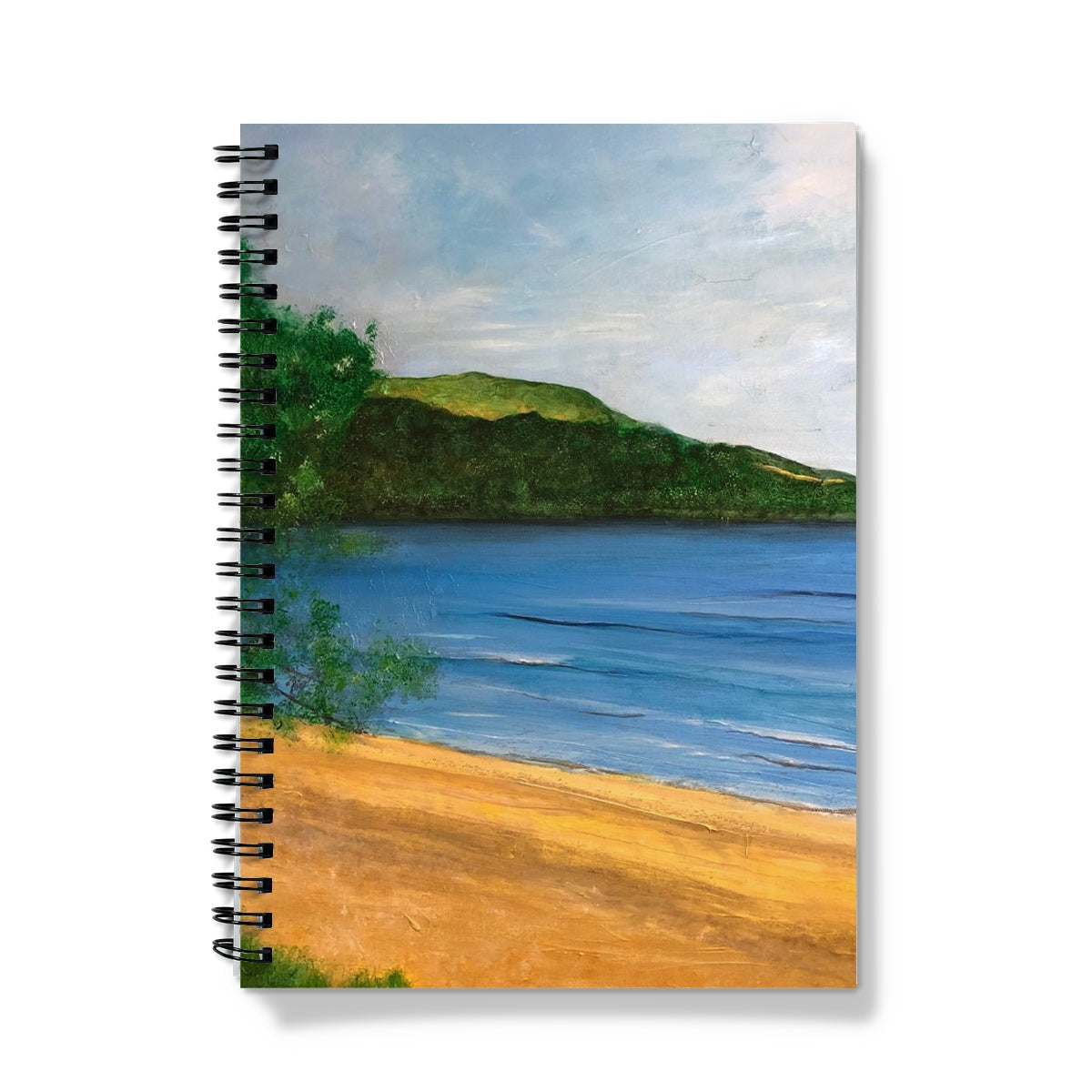 Loch Rannoch Notebook with spiral binding and beach scene cover featuring sandy shore and green hillside under blue sky