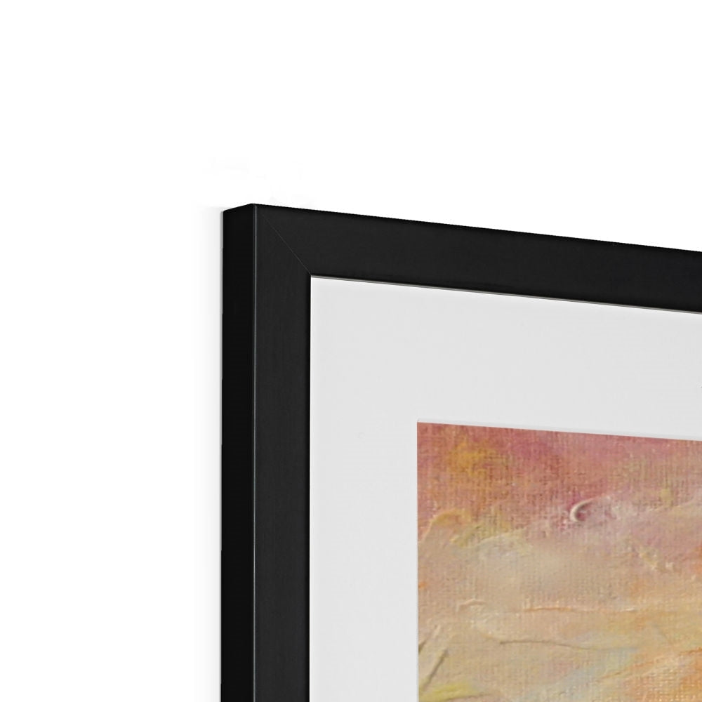 Loch Rannoch and Schiehallion abstract art print in black frame with warm peach, orange, and beige tones