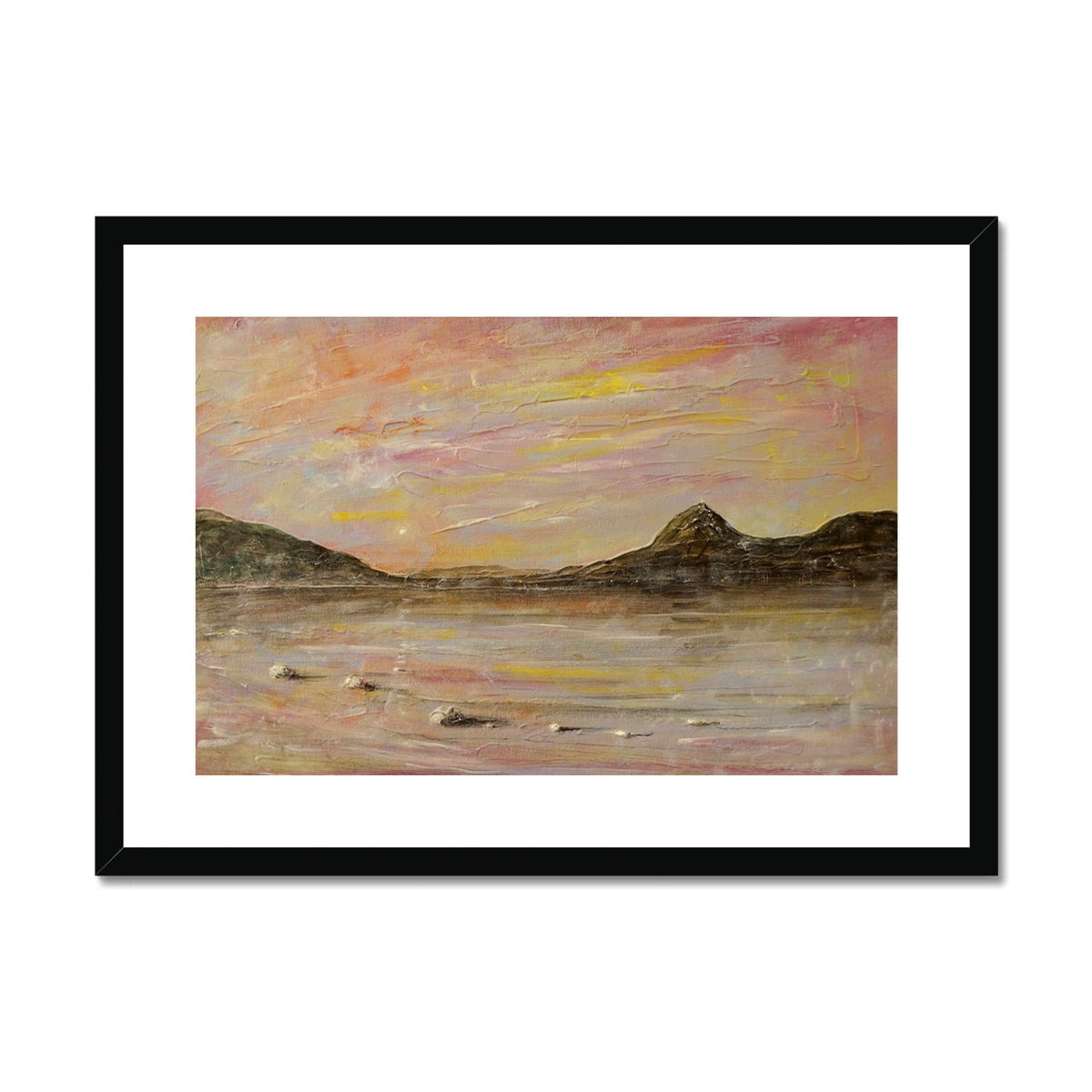 Framed abstract Loch Rannoch & Schiehallion print in pinks, yellows, earth tones