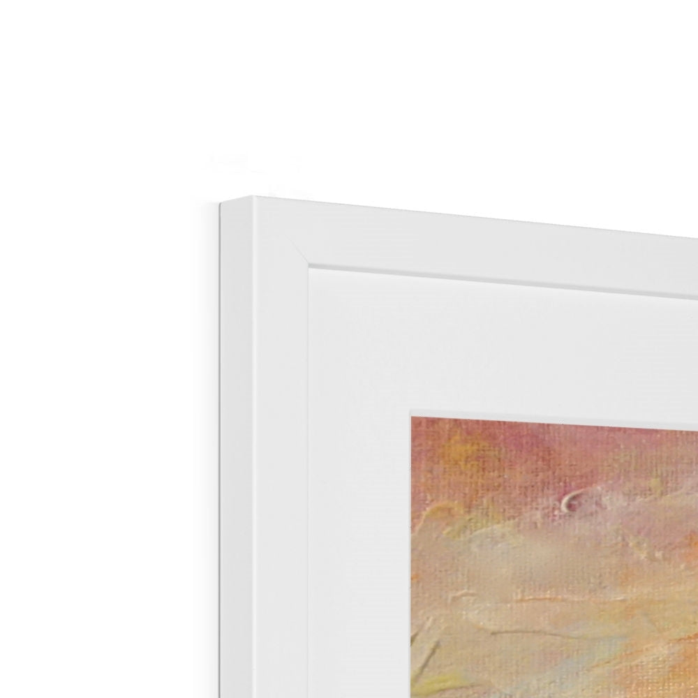 White framed abstract Loch Rannoch & Schiehallion print in peach, orange, beige