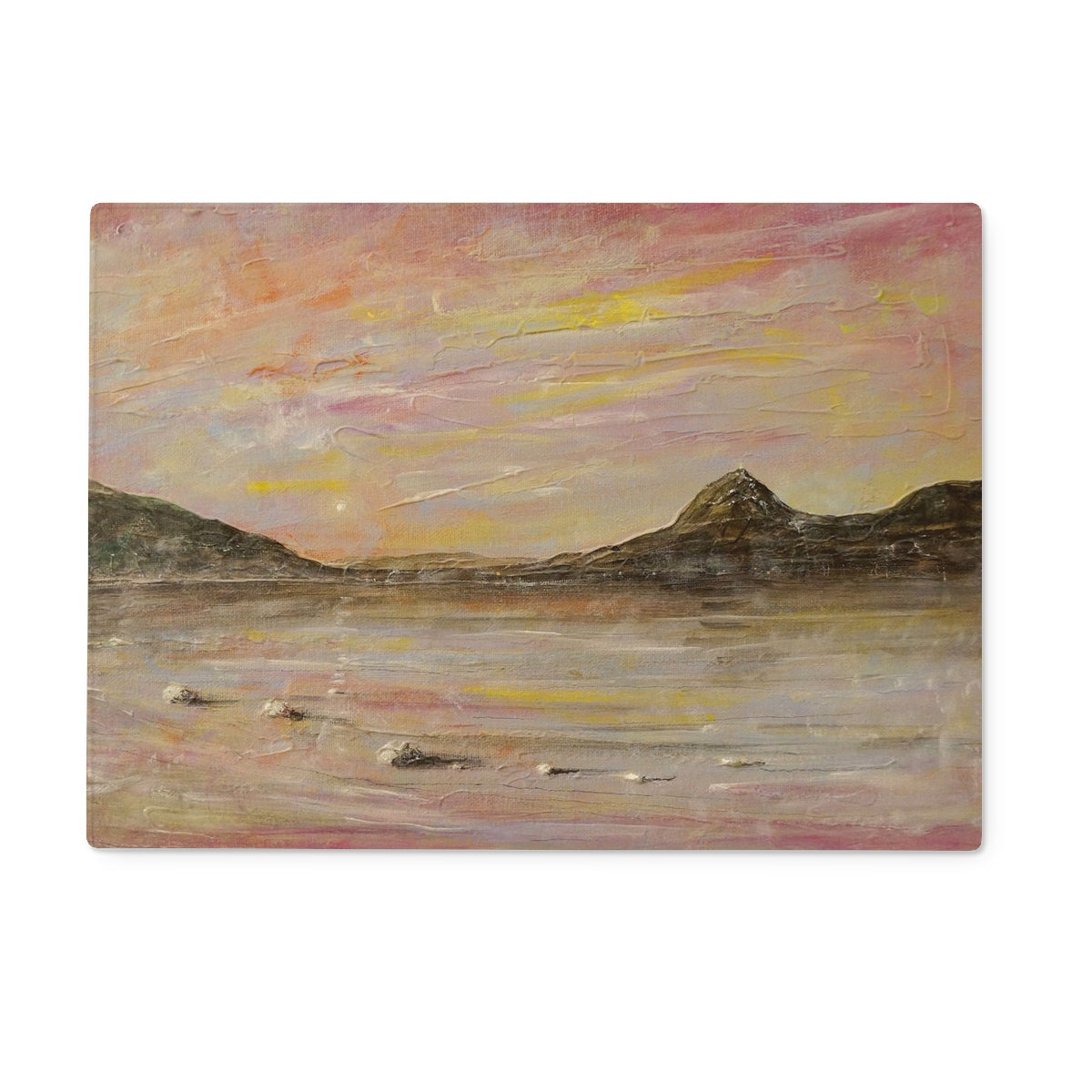 Serene Loch Rannoch sunset with Schiehallion on glass chopping board