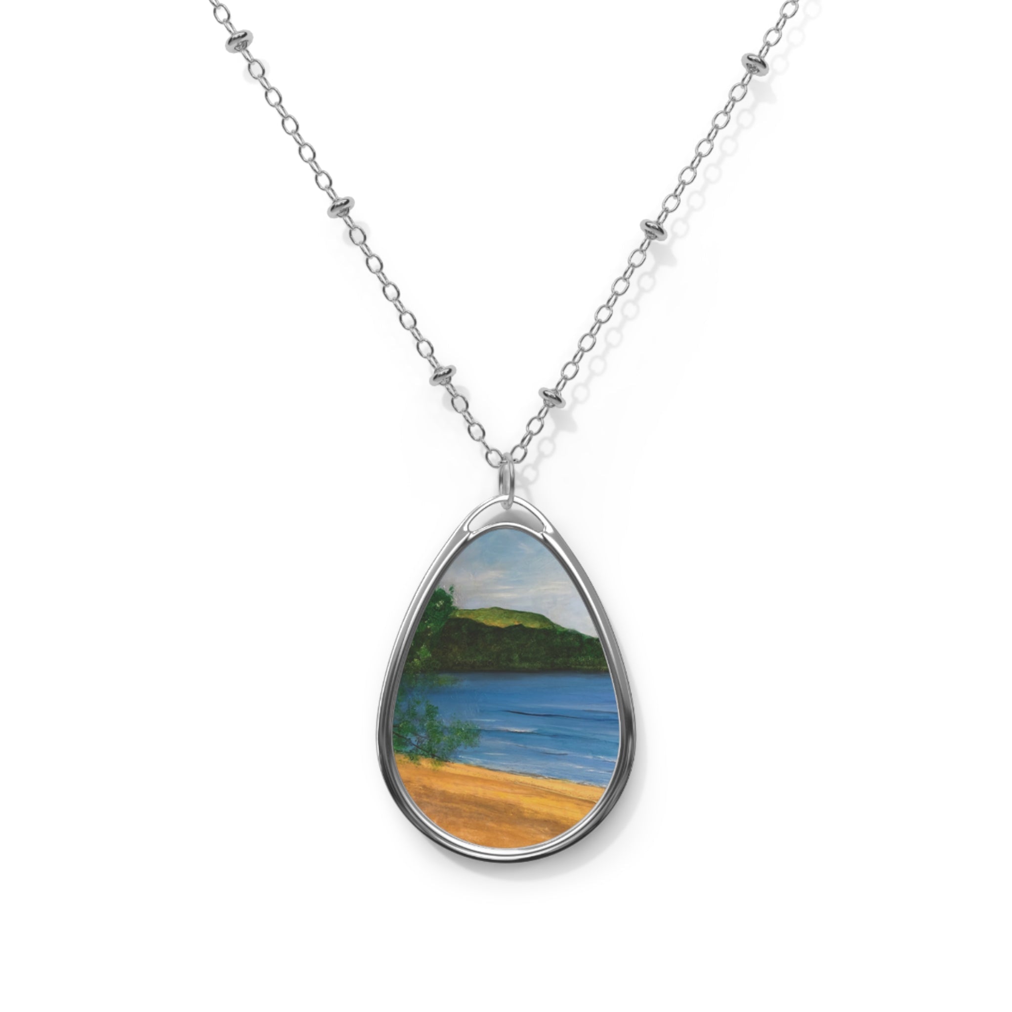 Silver teardrop necklace with painted beach scene pendant from Loch Rannoch Scottish Jewellery