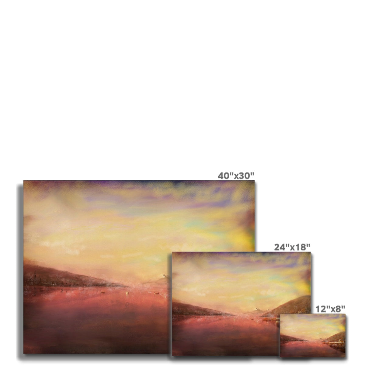 Loch Tay sunset over water canvas print, 40x30 inch abstract warm hues
