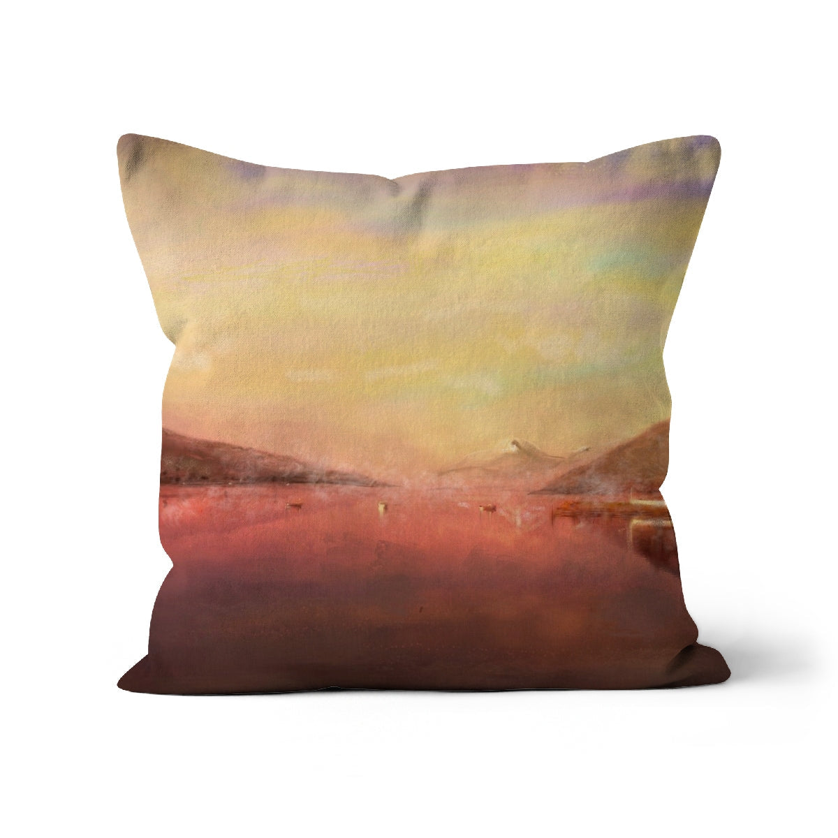 Loch Tay 18x18 inch cushion cover with abstract warm earth tone landscape