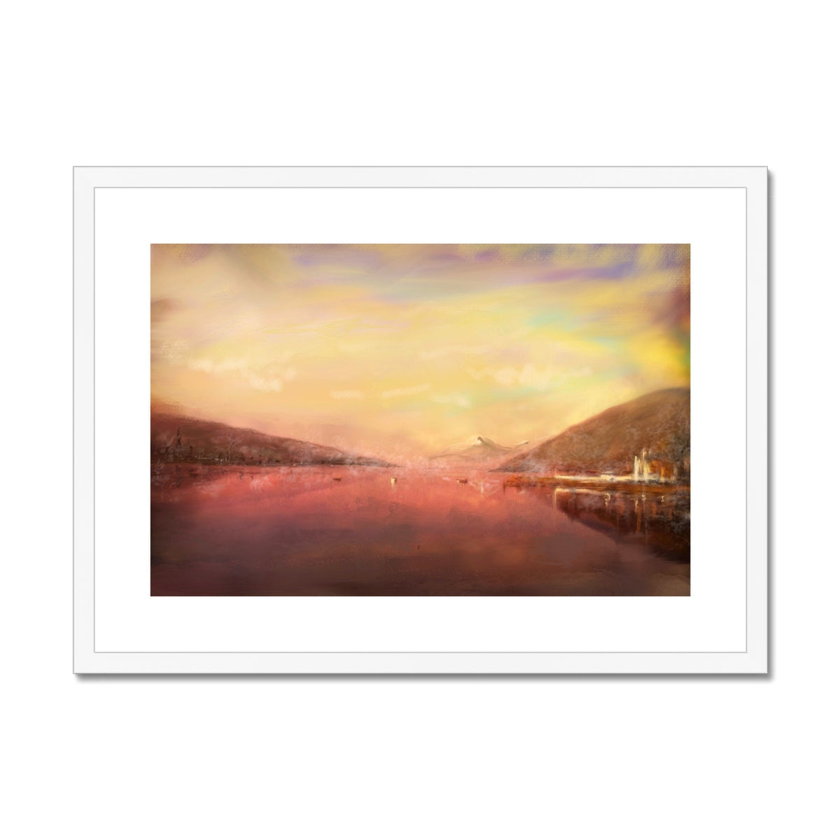 White framed canvas print of Loch Tay sunset over water