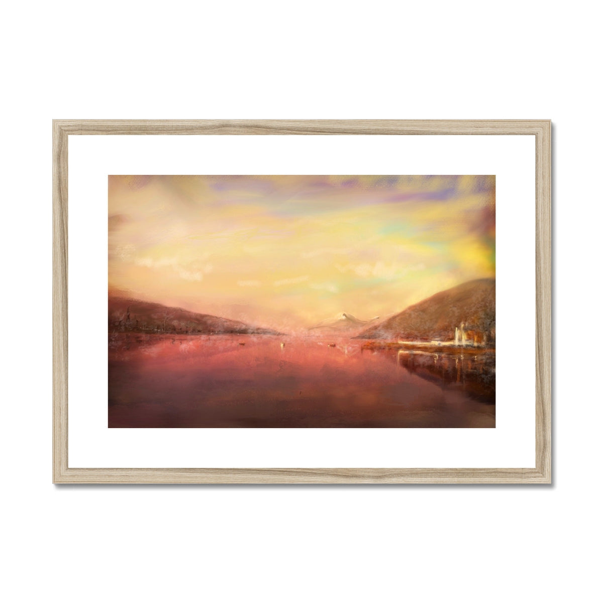 Gold-framed Loch Tay sunset print with mountains and water