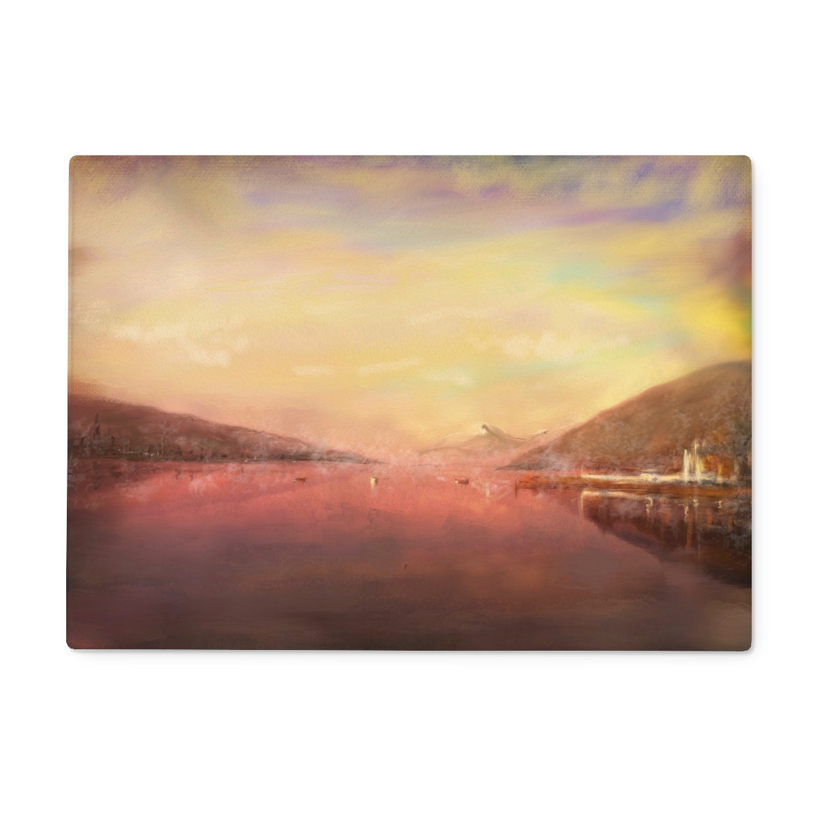 Serene Loch Tay sunset canvas print on 24x36 inch glass chopping board