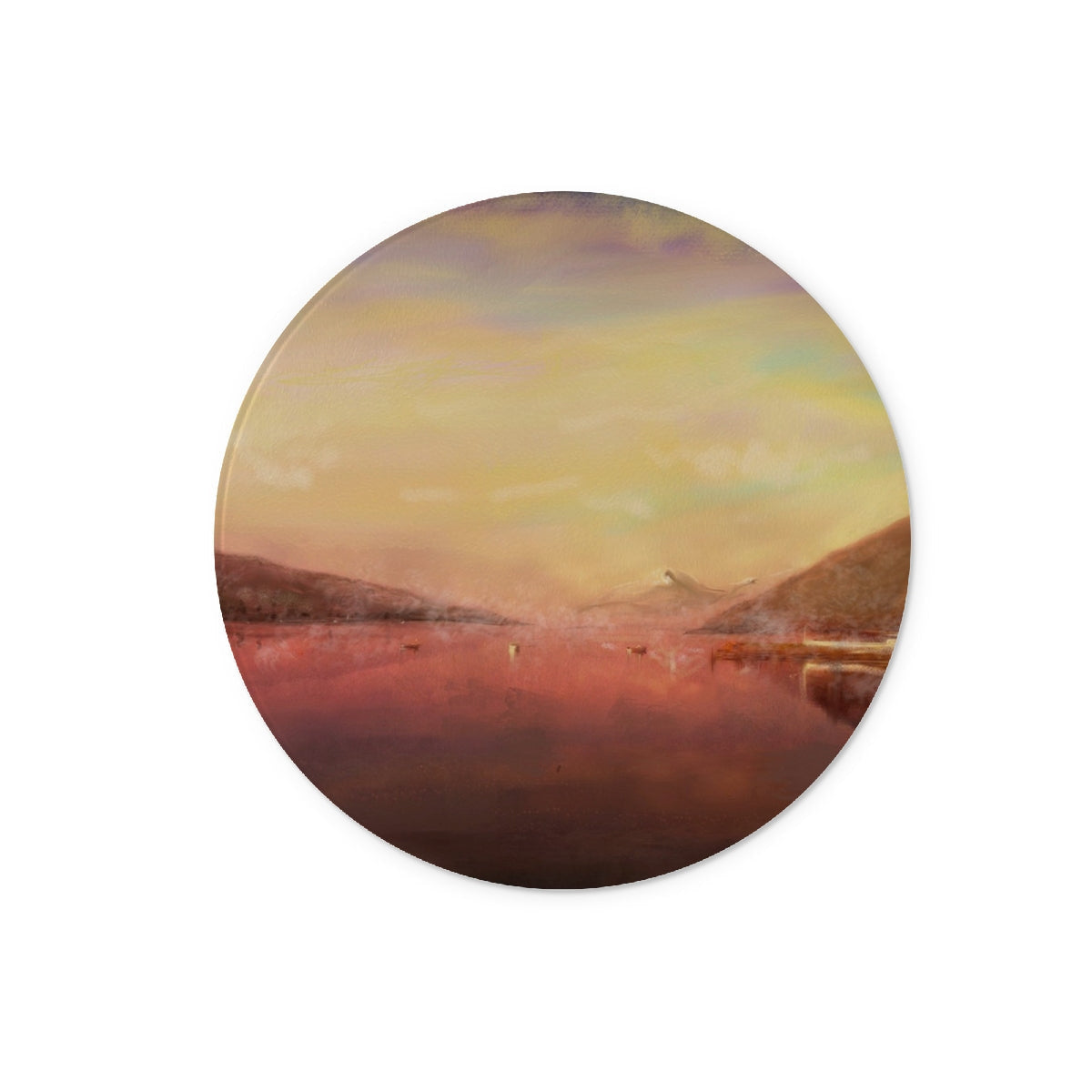 Round desert landscape sticker on Loch Tay Glass Chopping Board