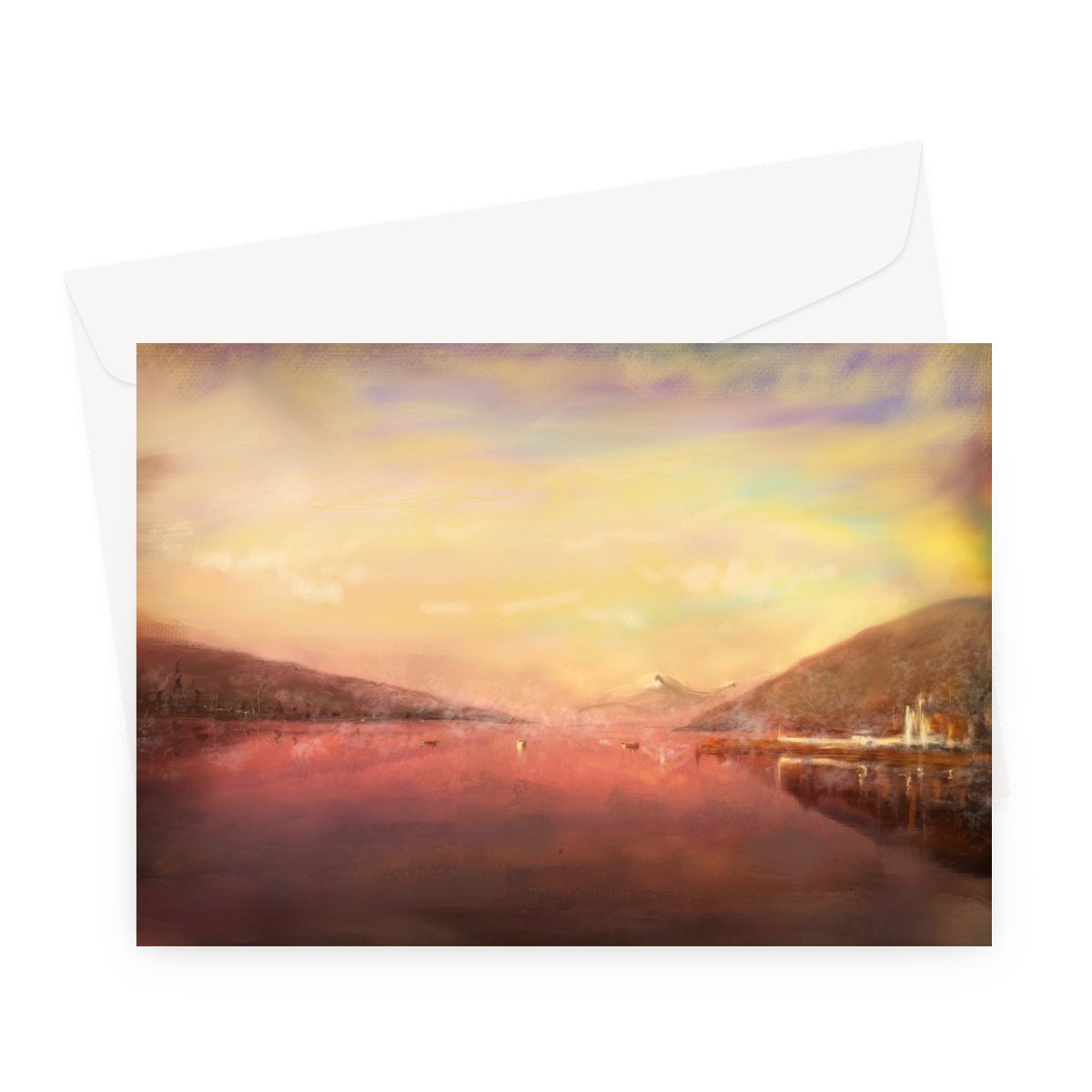Loch Tay Greeting Card: Watercolor Lake and Mountain Landscape in Warm Hues