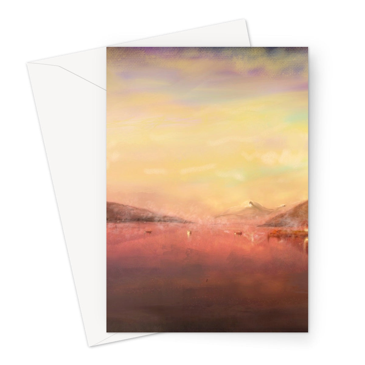 Pink and yellow sunset watercolor Loch Tay greeting card