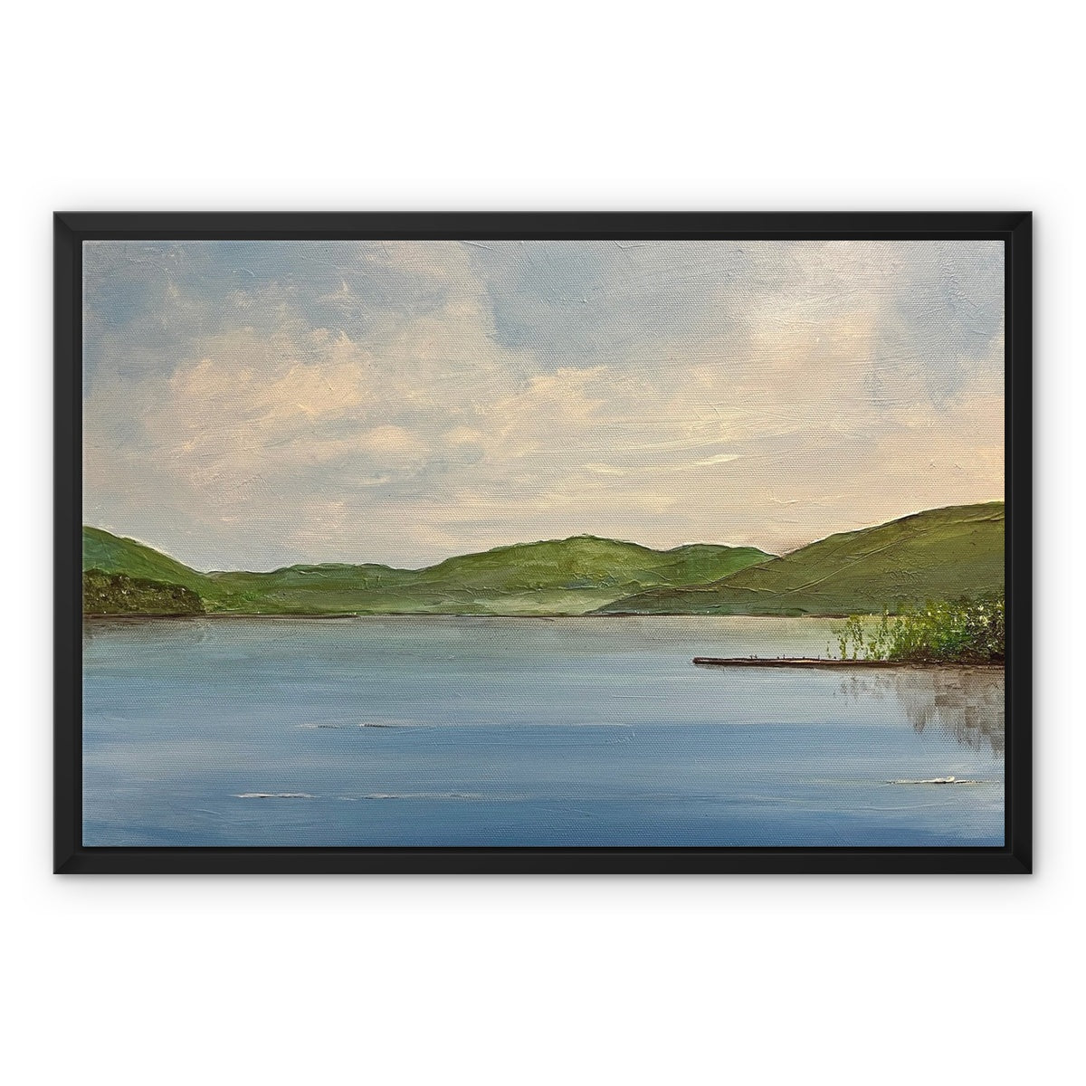 Loch Tay ii Painting | Framed Canvas From Scotland-Floating Framed Canvas Prints-Scottish Lochs & Mountains Art Gallery-24"x18"-Black Frame-Paintings, Prints, Homeware, Art Gifts From Scotland By Scottish Artist Kevin Hunter
