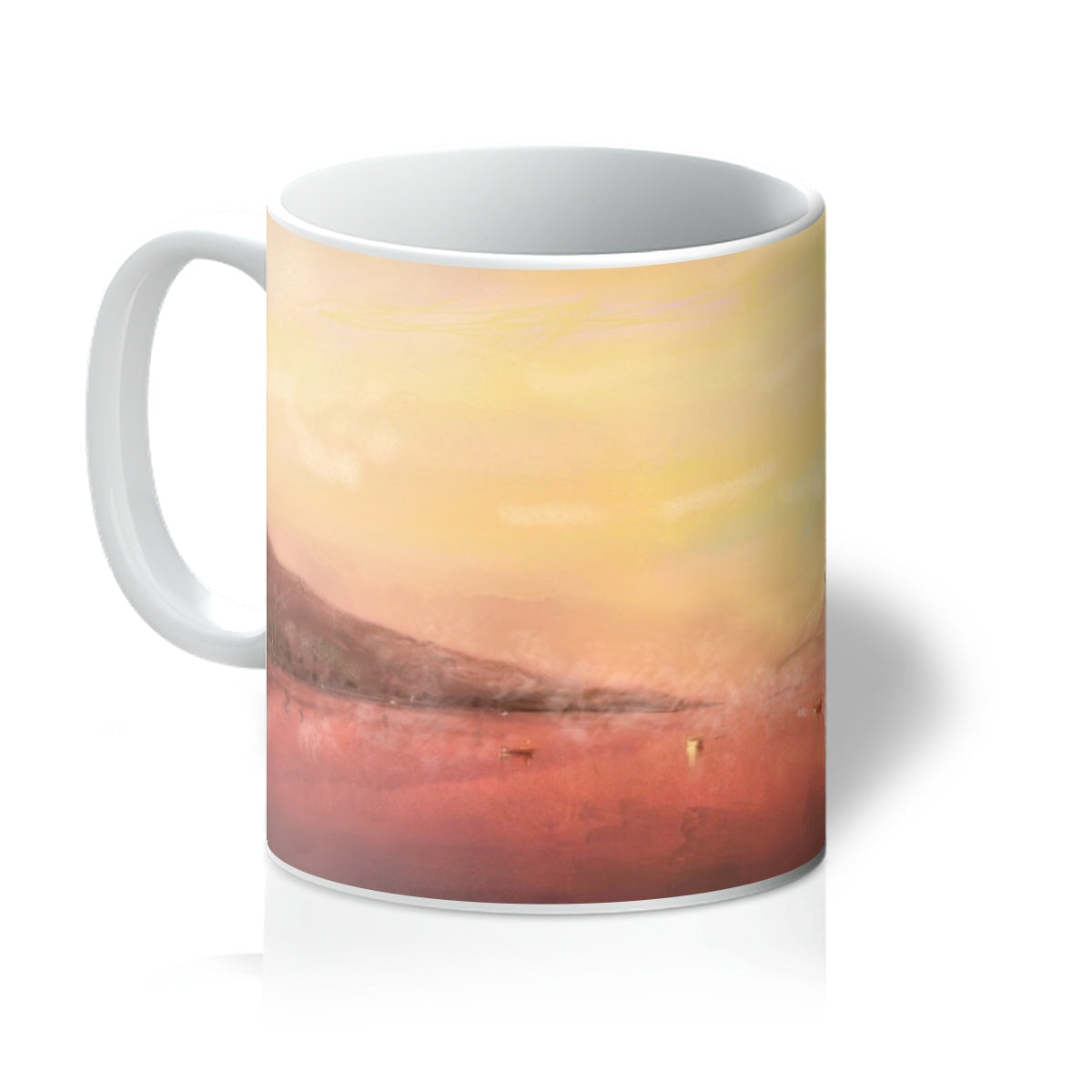 Loch Tay ceramic mug with sunset landscape in orange, yellow, red hues