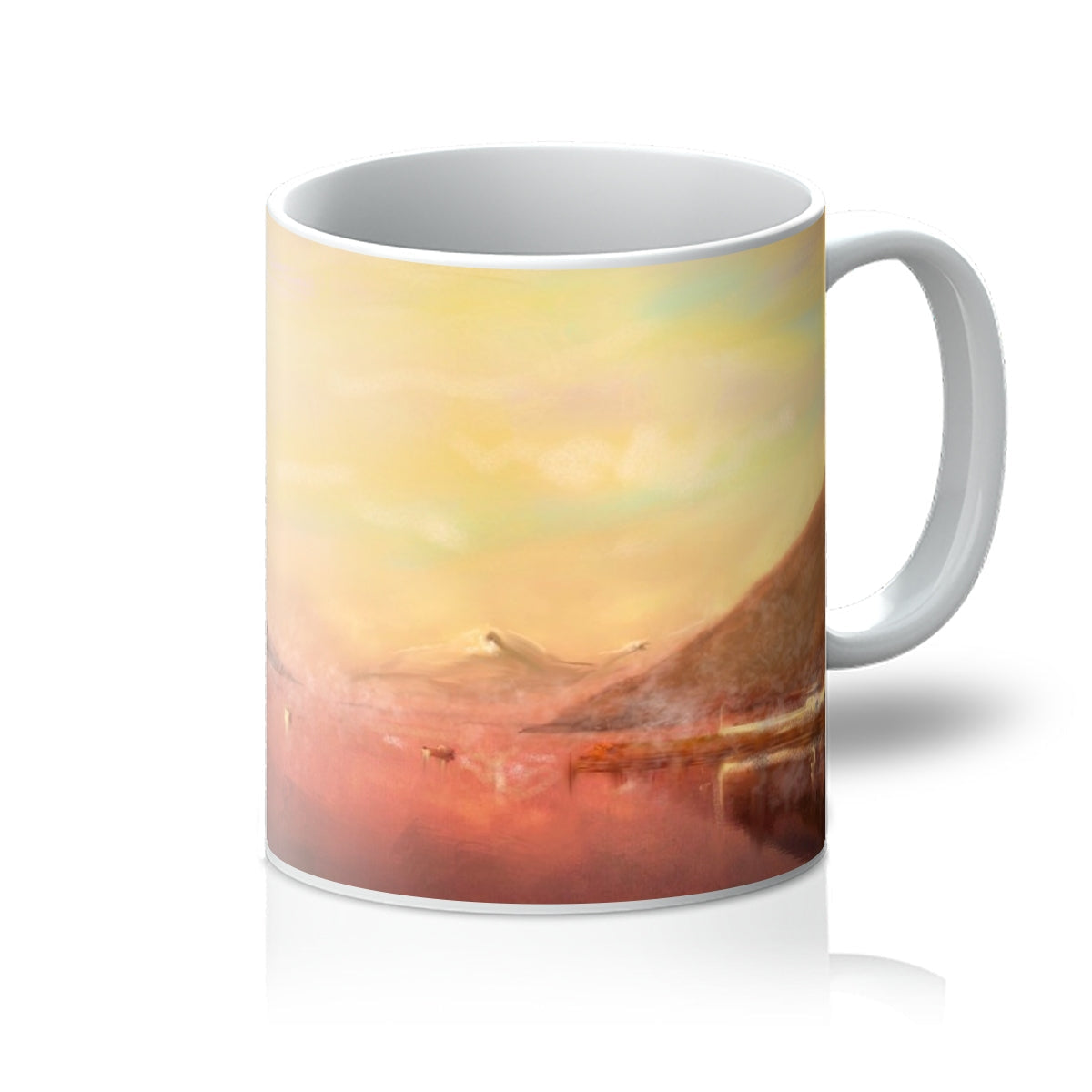 Loch Tay ceramic mug with abstract landscape in earthy yellow and red tones