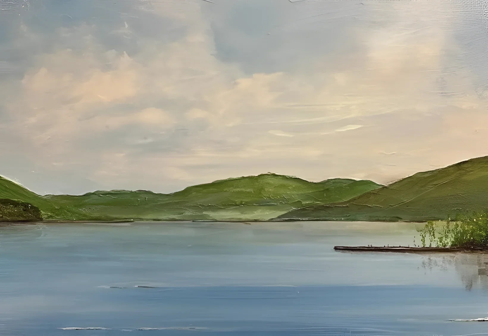 Serene Loch Tay lake landscape painting showcasing tranquil waters and lush scenery