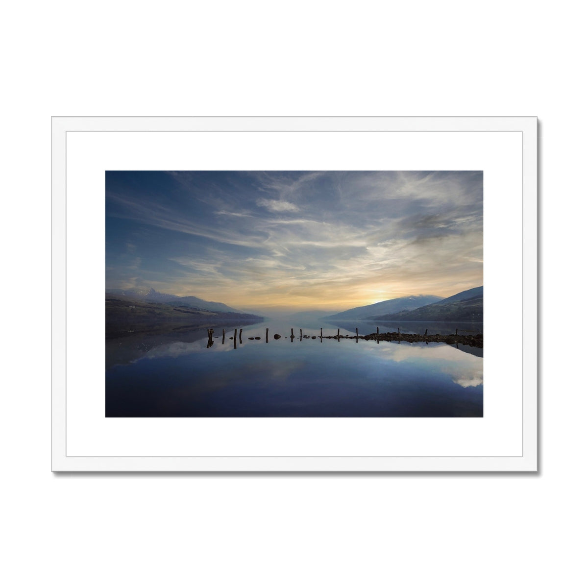 White framed canvas print of serene Loch Tay sunset lake