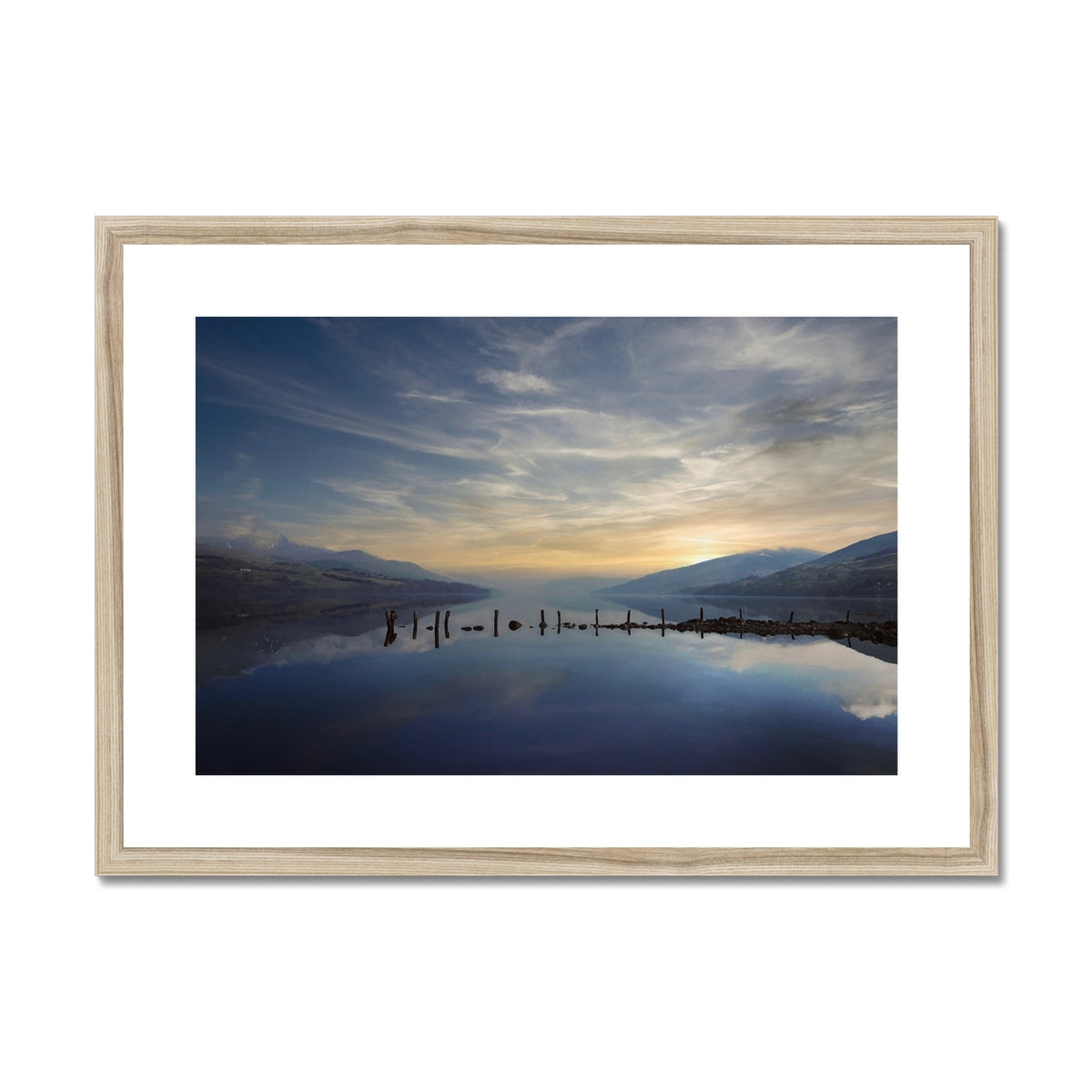 Serene Loch Tay sunset over water in wooden frame print