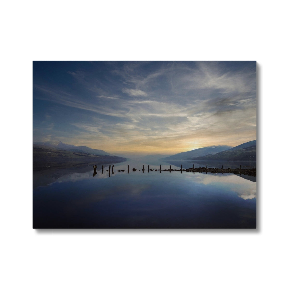Blue and white Loch Tay sunset landscape canvas print in wooden frame