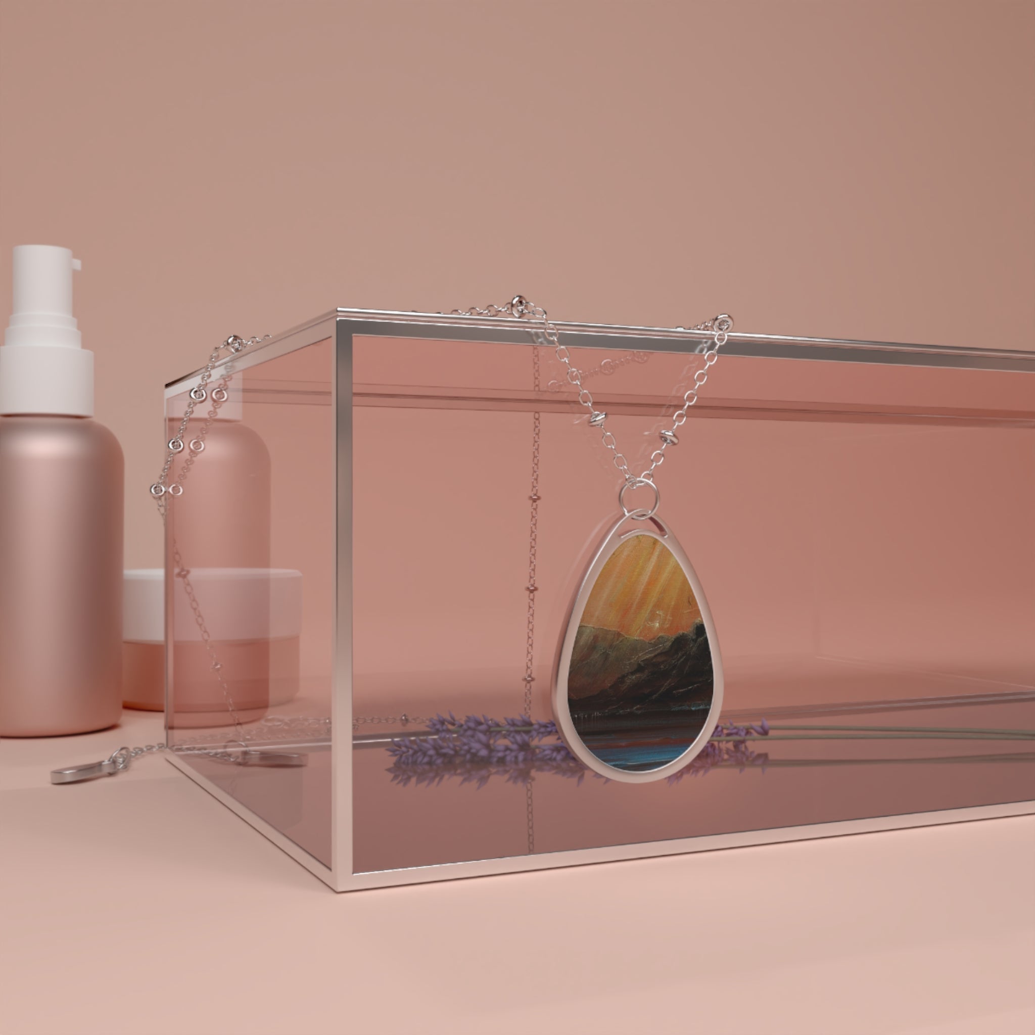 Teardrop-shaped Loch Torridon landscape pendant in silver bezel on silver chain