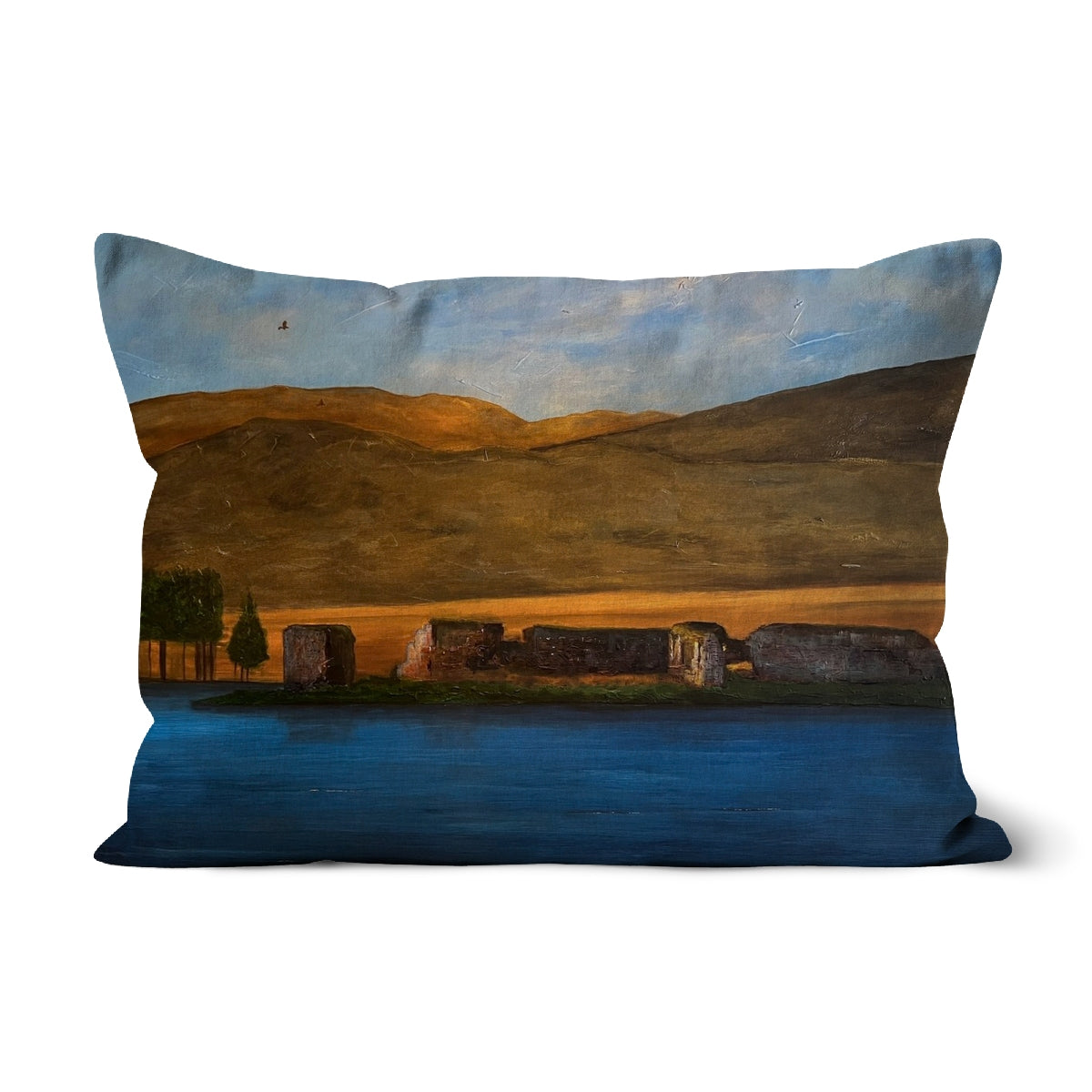 Lochindorb Castle Art Gifts Cushion-Cushions-Scottish Lochs & Mountains Art Gallery-Linen-19"x13"-Paintings, Prints, Homeware, Art Gifts From Scotland By Scottish Artist Kevin Hunter