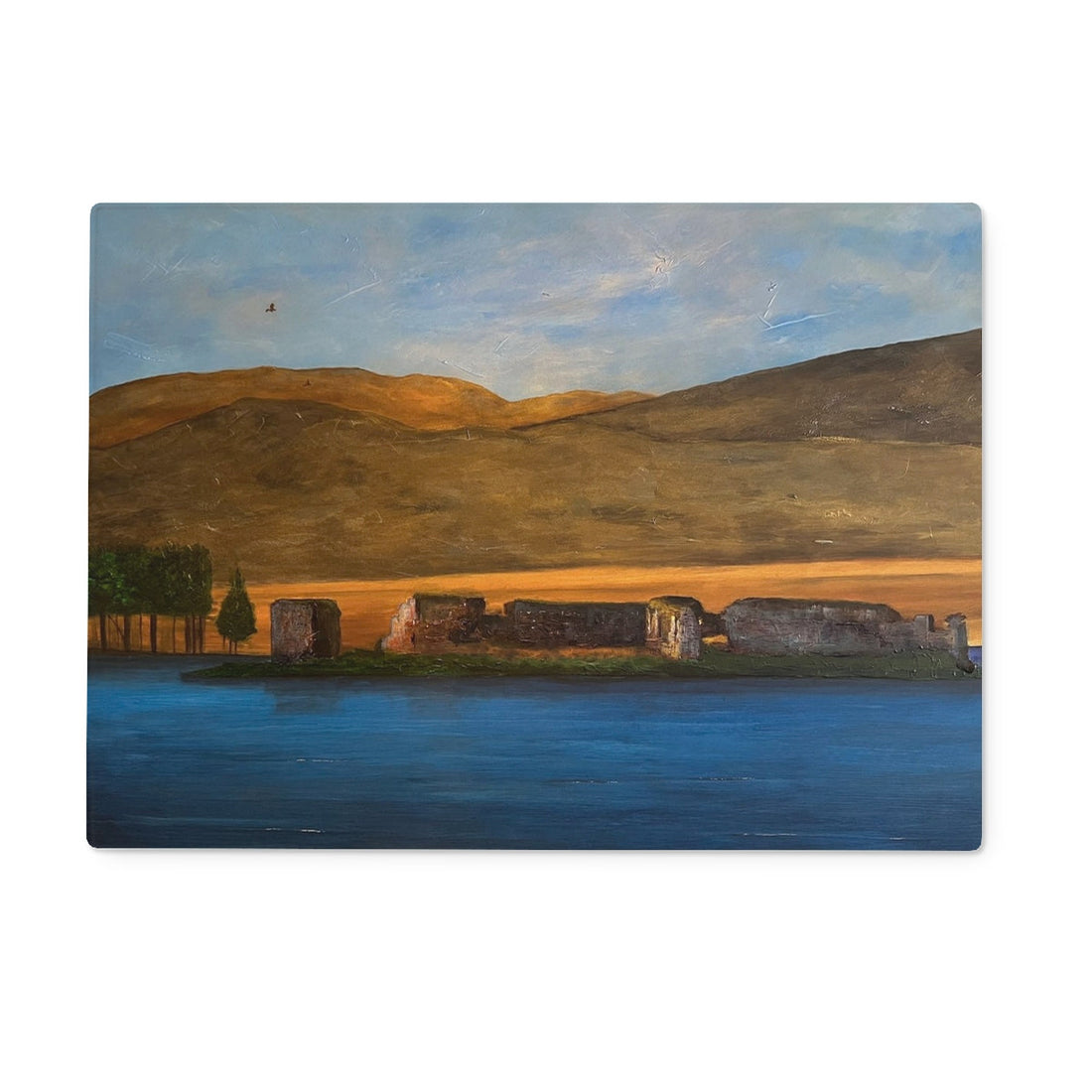 Lochindorb Castle Art Gifts Glass Chopping Board | Scottish Lochs &amp; Mountains Art Gallery | Paintings, Prints, Homeware and Art Gifts From Scotland By Scottish Artist Kevin Hunter