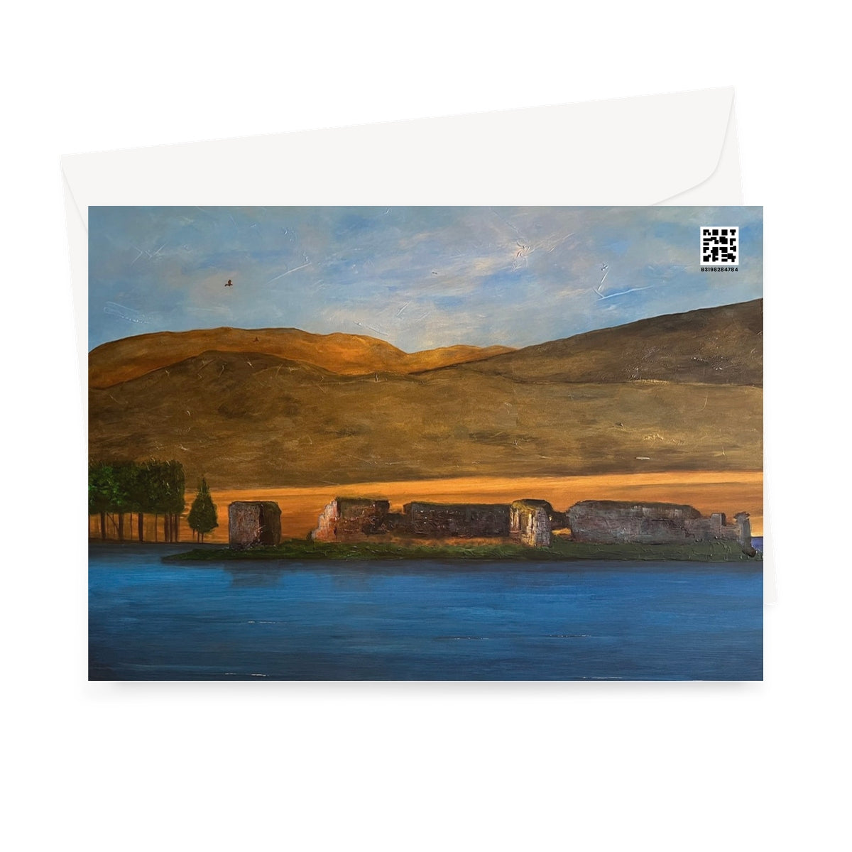 Lochindorb Castle Art Gifts Greeting Card-Greetings Cards-Scottish Lochs & Mountains Art Gallery-Paintings, Prints, Homeware, Art Gifts From Scotland By Scottish Artist Kevin Hunter