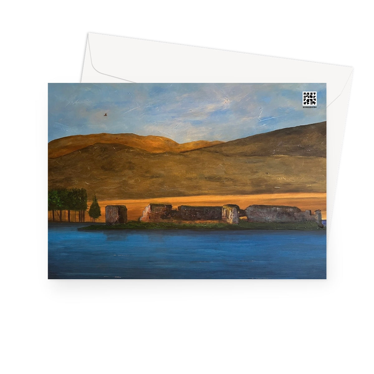Lochindorb Castle Art Gifts Greeting Card-Greetings Cards-Scottish Lochs & Mountains Art Gallery-Paintings, Prints, Homeware, Art Gifts From Scotland By Scottish Artist Kevin Hunter