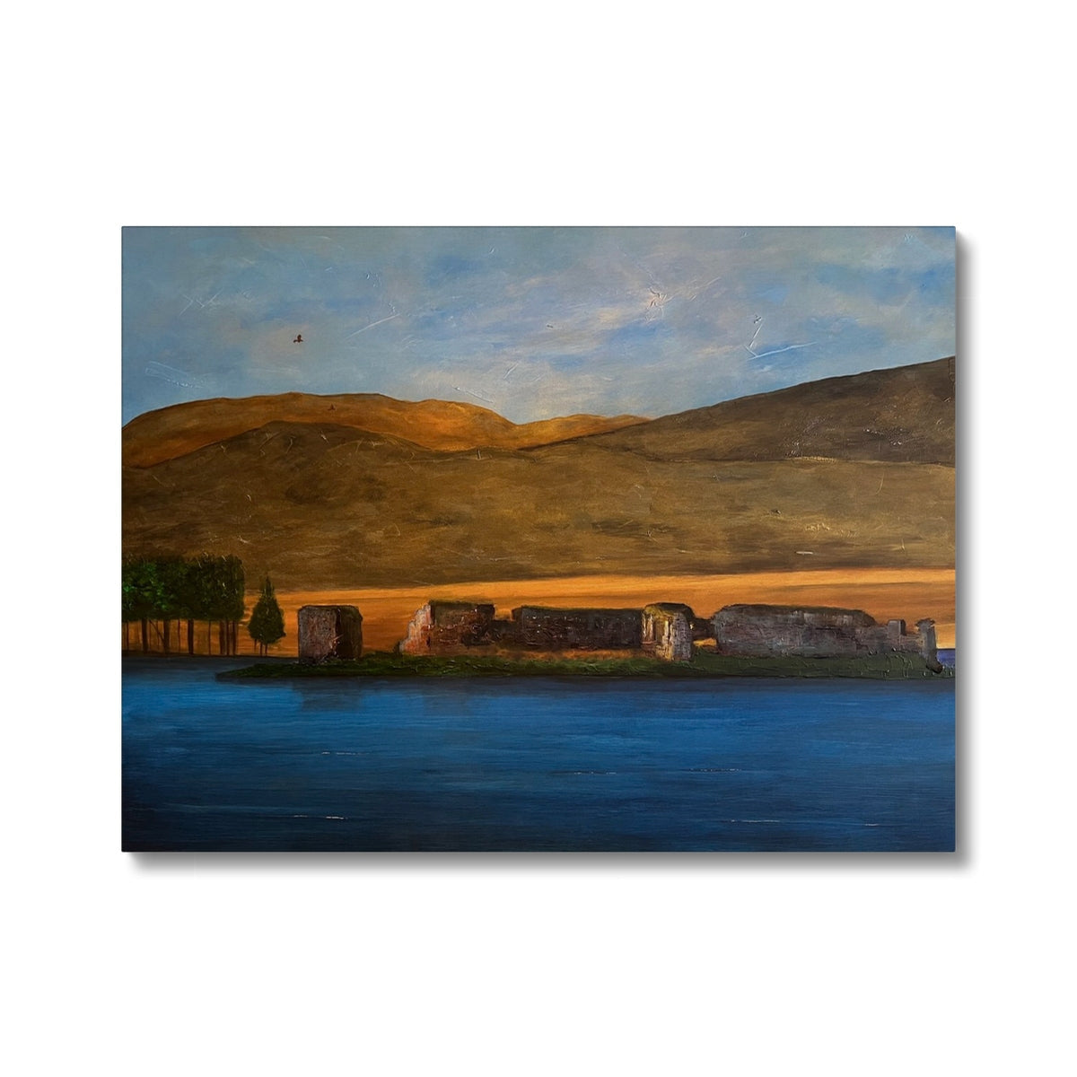 An oil painting depicting a lake with ruins and mountains under a blue and orange sky.
