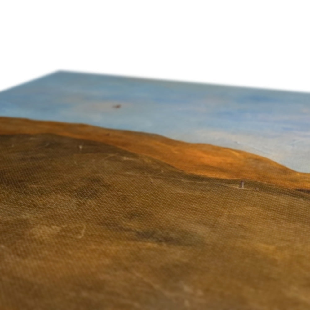 A textured painting featuring a brown landscape with a blue sky.