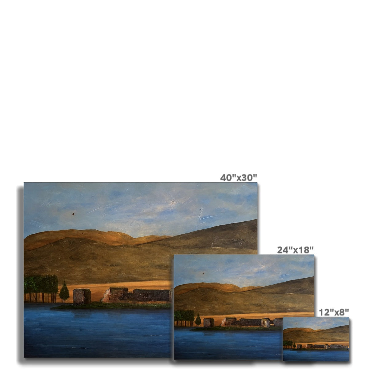 Three landscape paintings of a lake with mountains in the background, in varying sizes.