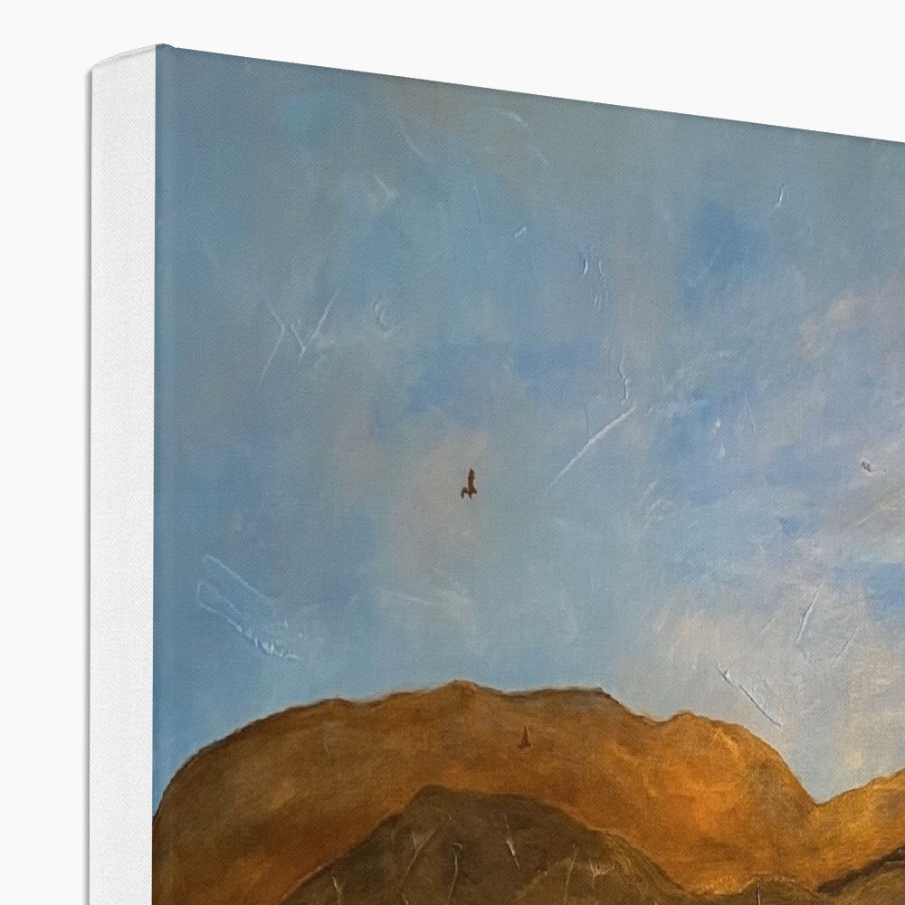 An oil painting of a bird flying over sunlit mountains under a blue sky.