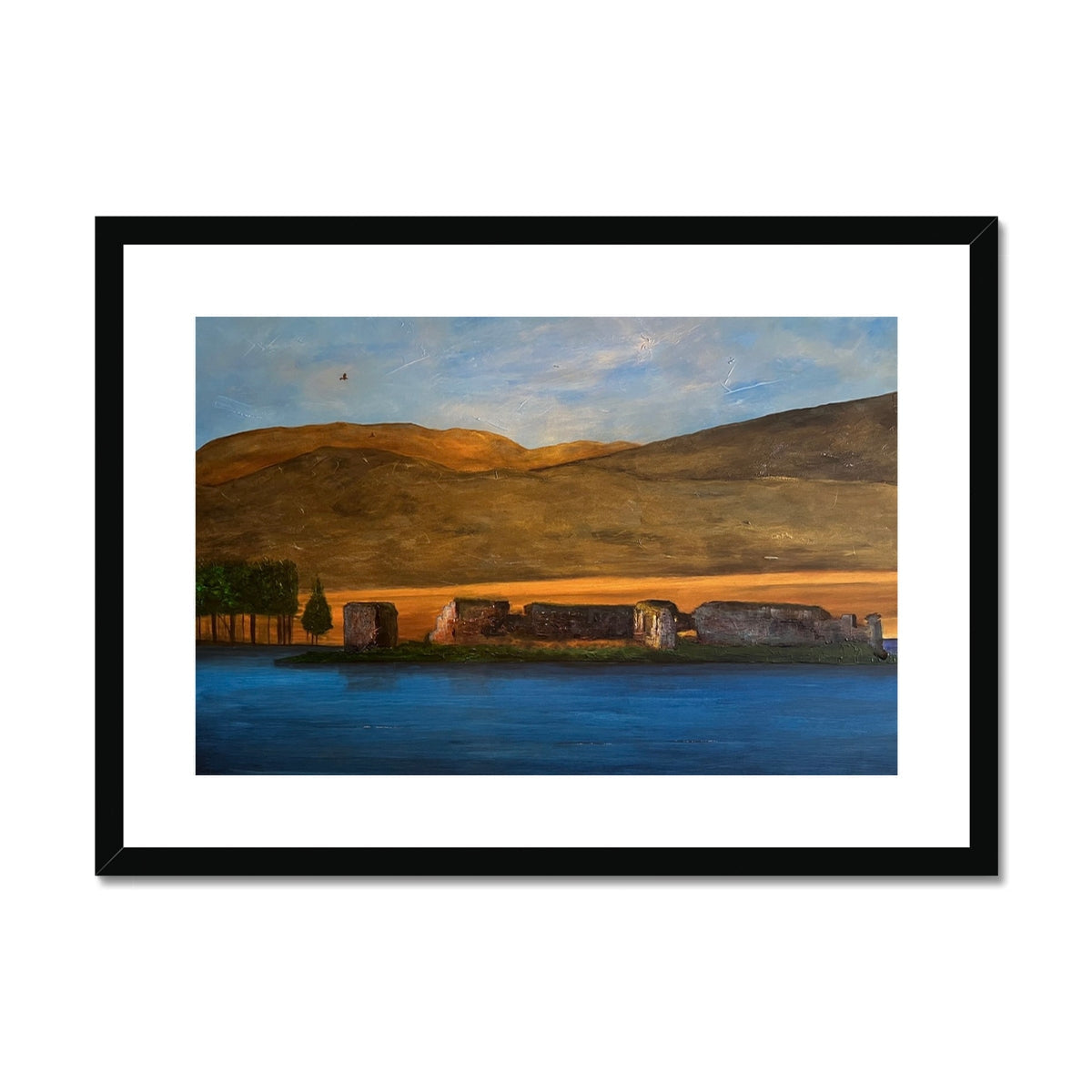 Lochindorb Castle framed print of serene lake scene with mountains and twilight sky