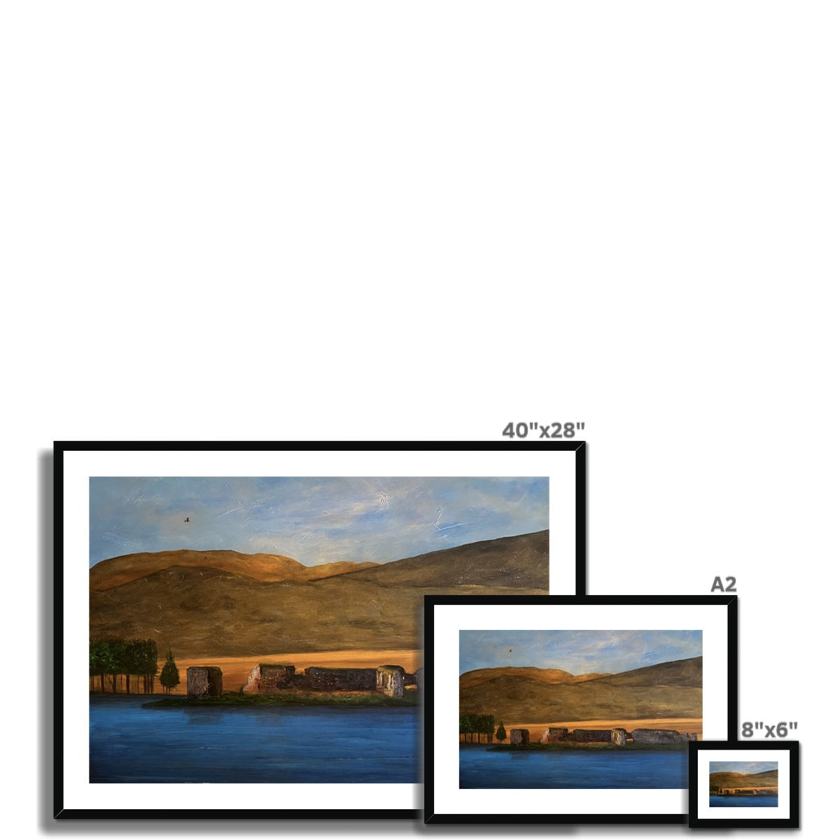 Three framed landscape paintings of varying sizes displayed with Lochindorb Castle Framed & Mounted Print