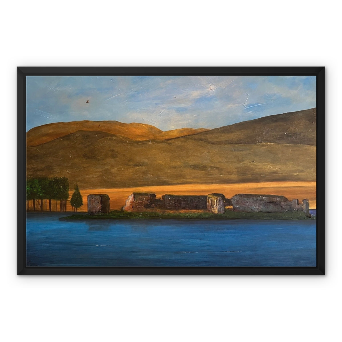 Lochindorb Castle Painting | Framed Canvas From Scotland-Floating Framed Canvas Prints-Scottish Lochs & Mountains Art Gallery-24"x18"-Paintings, Prints, Homeware, Art Gifts From Scotland By Scottish Artist Kevin Hunter