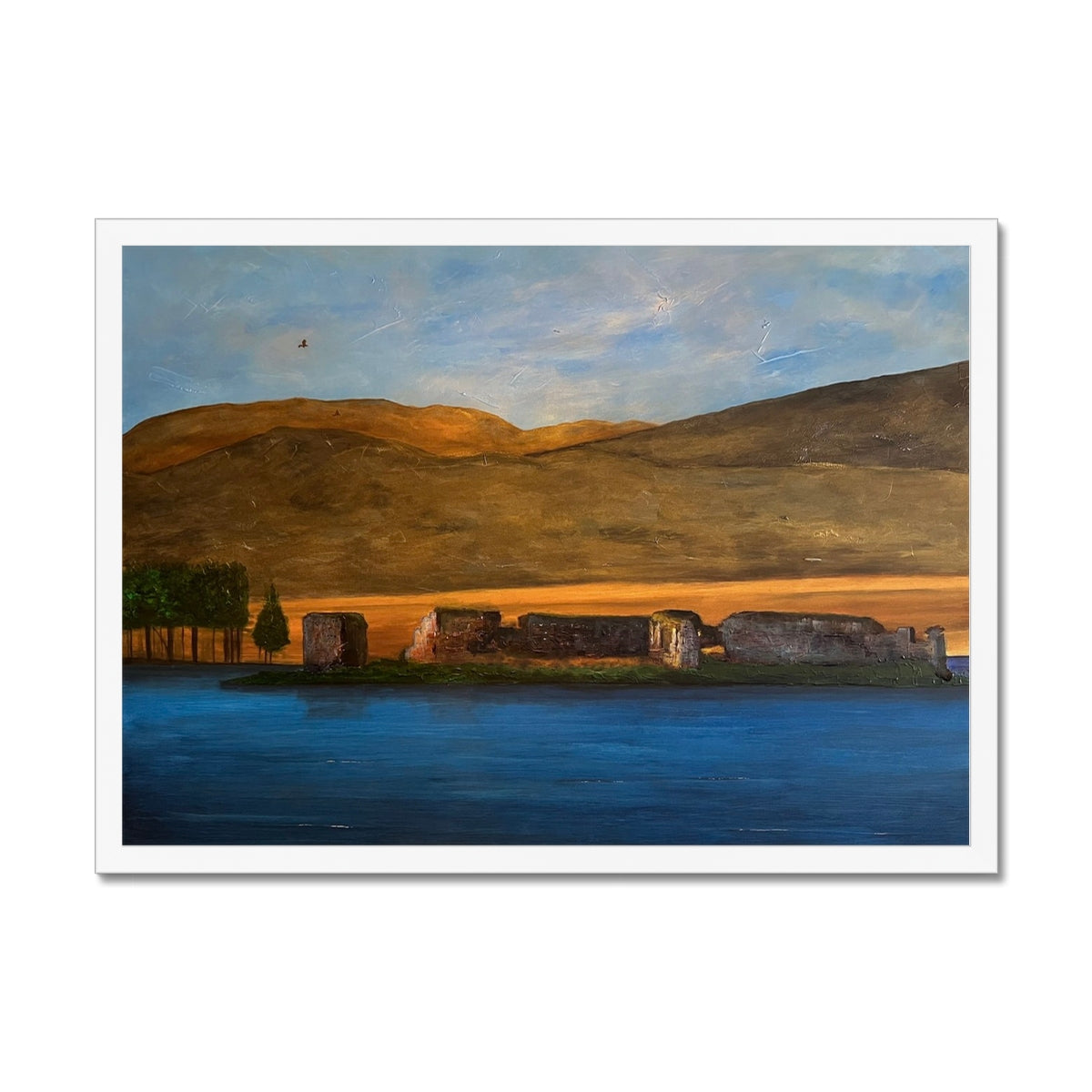 Lochindorb Castle Painting | Framed Prints From Scotland-Framed Prints-Scottish Lochs & Mountains Art Gallery-A2 Landscape-White Frame-Paintings, Prints, Homeware, Art Gifts From Scotland By Scottish Artist Kevin Hunter
