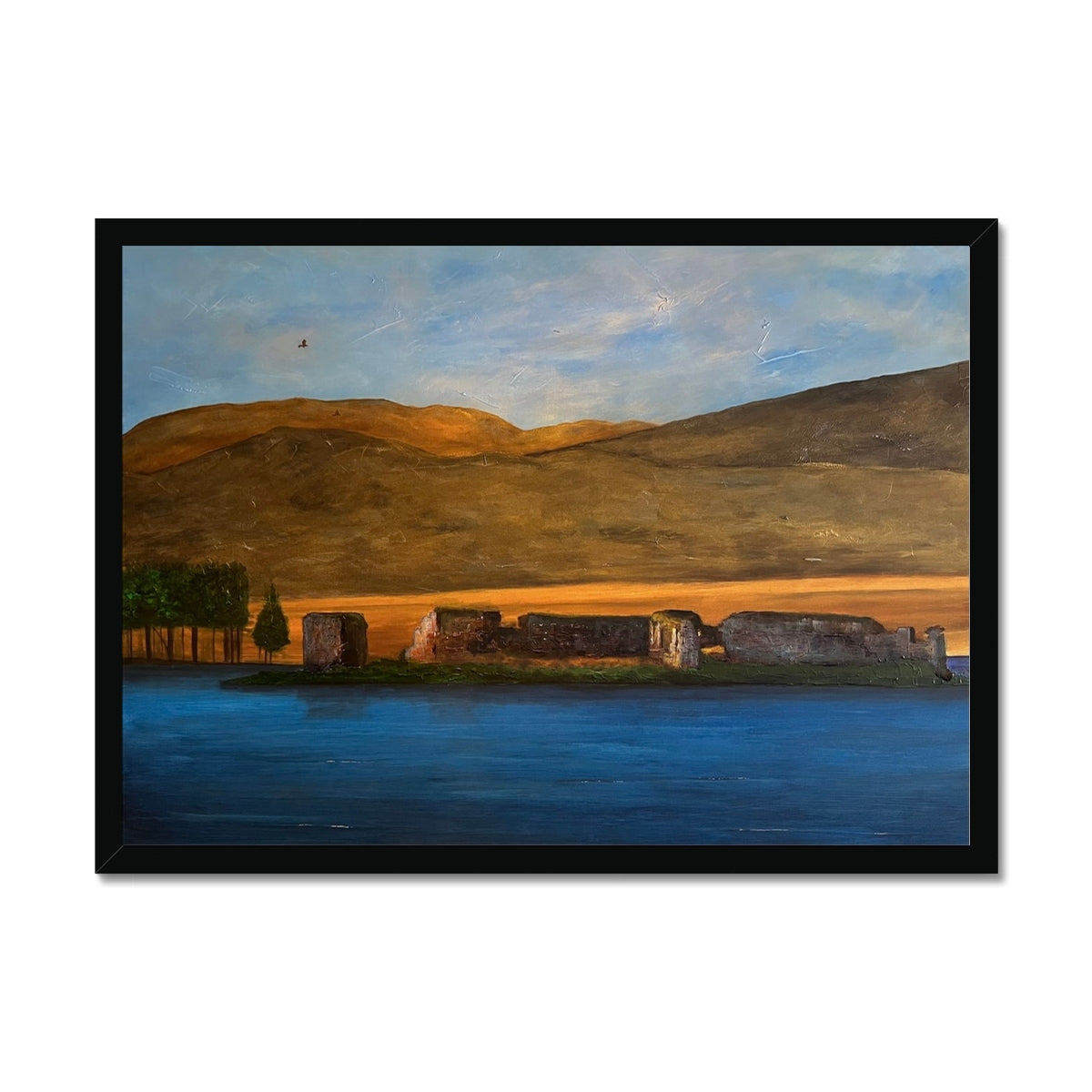 Lochindorb Castle Painting | Framed Prints From Scotland-Framed Prints-Scottish Lochs & Mountains Art Gallery-A2 Landscape-Black Frame-Paintings, Prints, Homeware, Art Gifts From Scotland By Scottish Artist Kevin Hunter