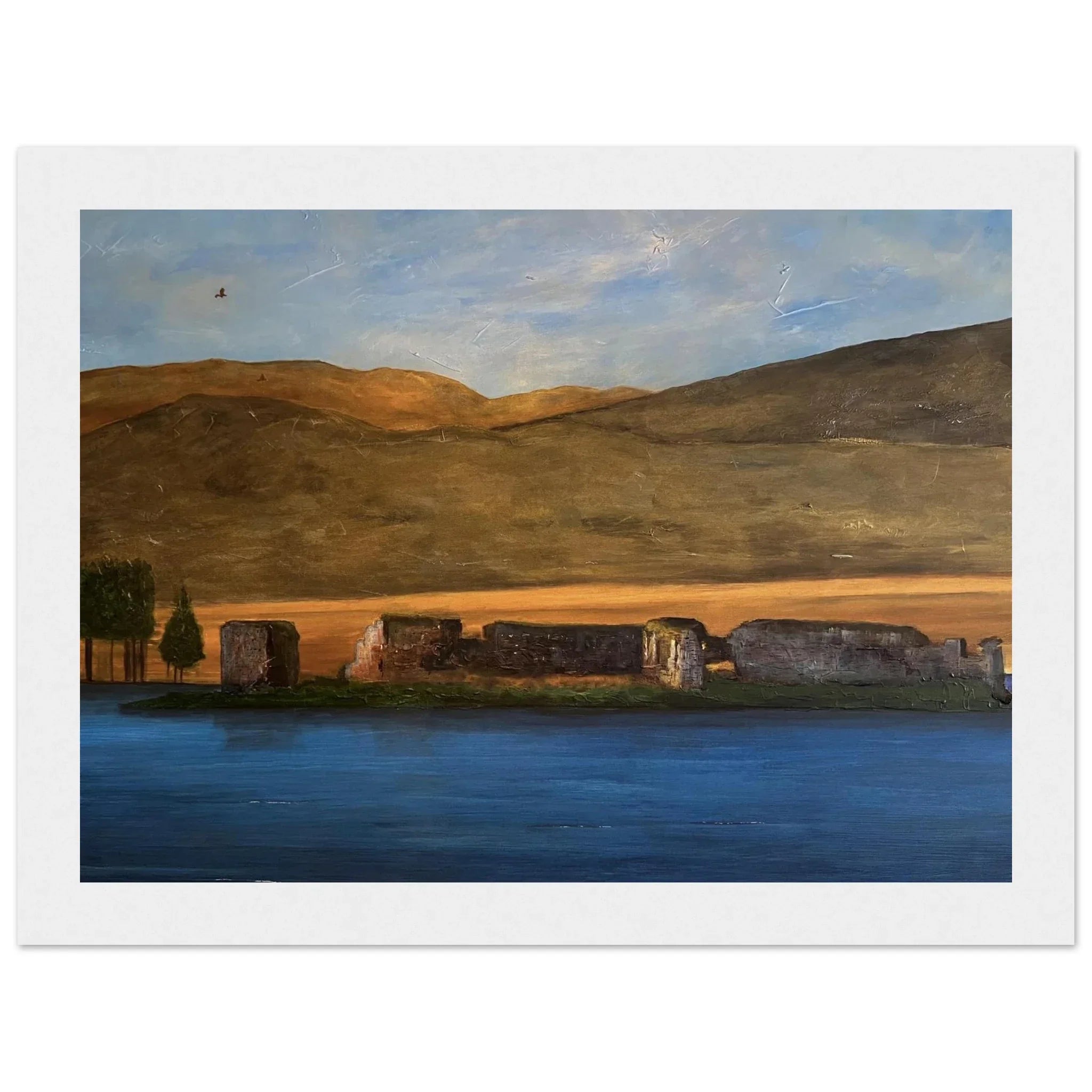 Serene Lochindorb Castle landscape painting with lake and ruins