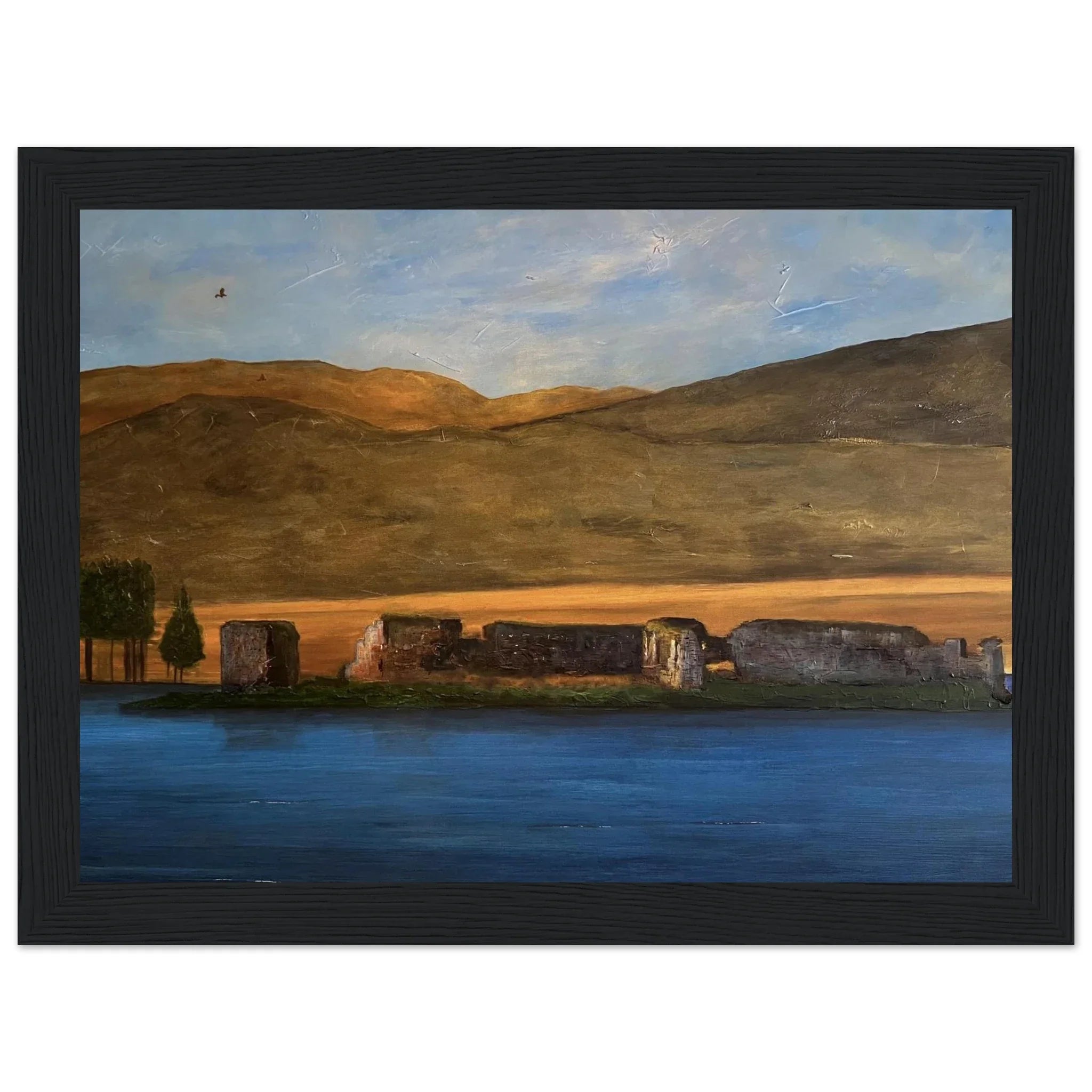 Lochindorb Castle painting: black-framed Scottish hills, water, ruins under soft sky