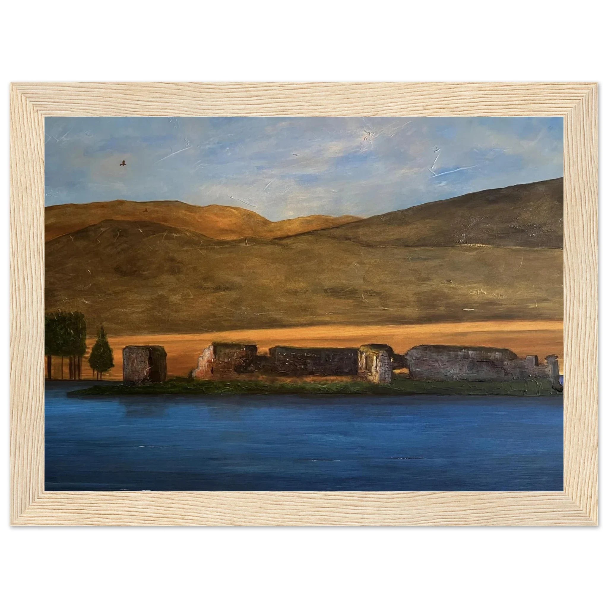 Framed oil painting of Lochindorb Castle ruins in serene Scottish landscape