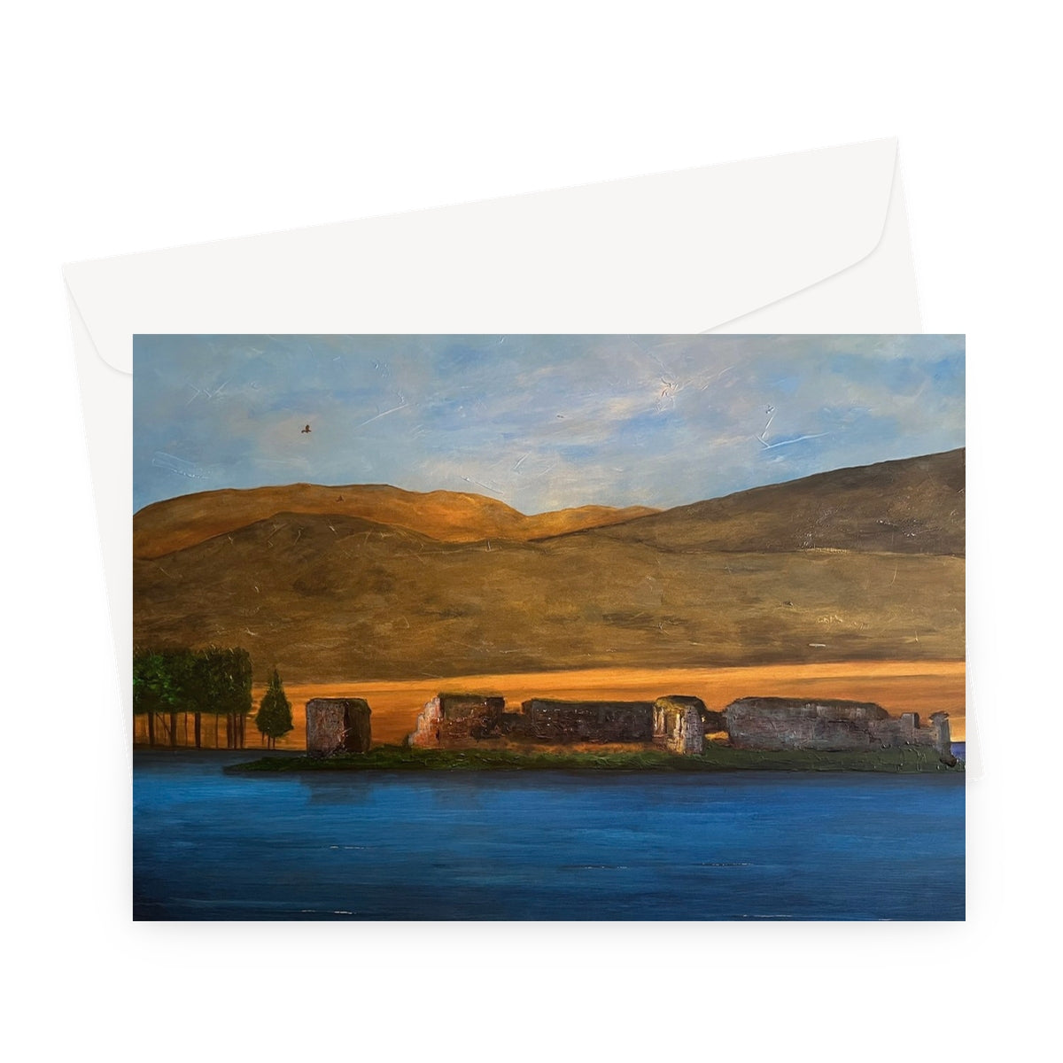 Lochindorb Castle Scottish Art Gifts Greeting Card | Scottish Lochs &amp; Mountains Art Gallery | Paintings, Prints, Homeware and Art Gifts From Scotland By Scottish Artist Kevin Hunter