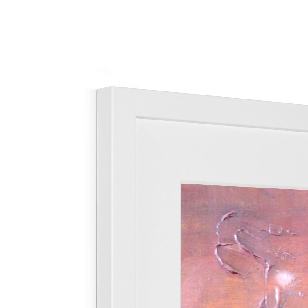 White framed abstract silver tree art print on pink background, Lochmaddy North Uist